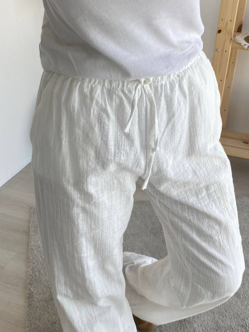Keten Kimono Belden Bağlamalı Takım - Beyaz