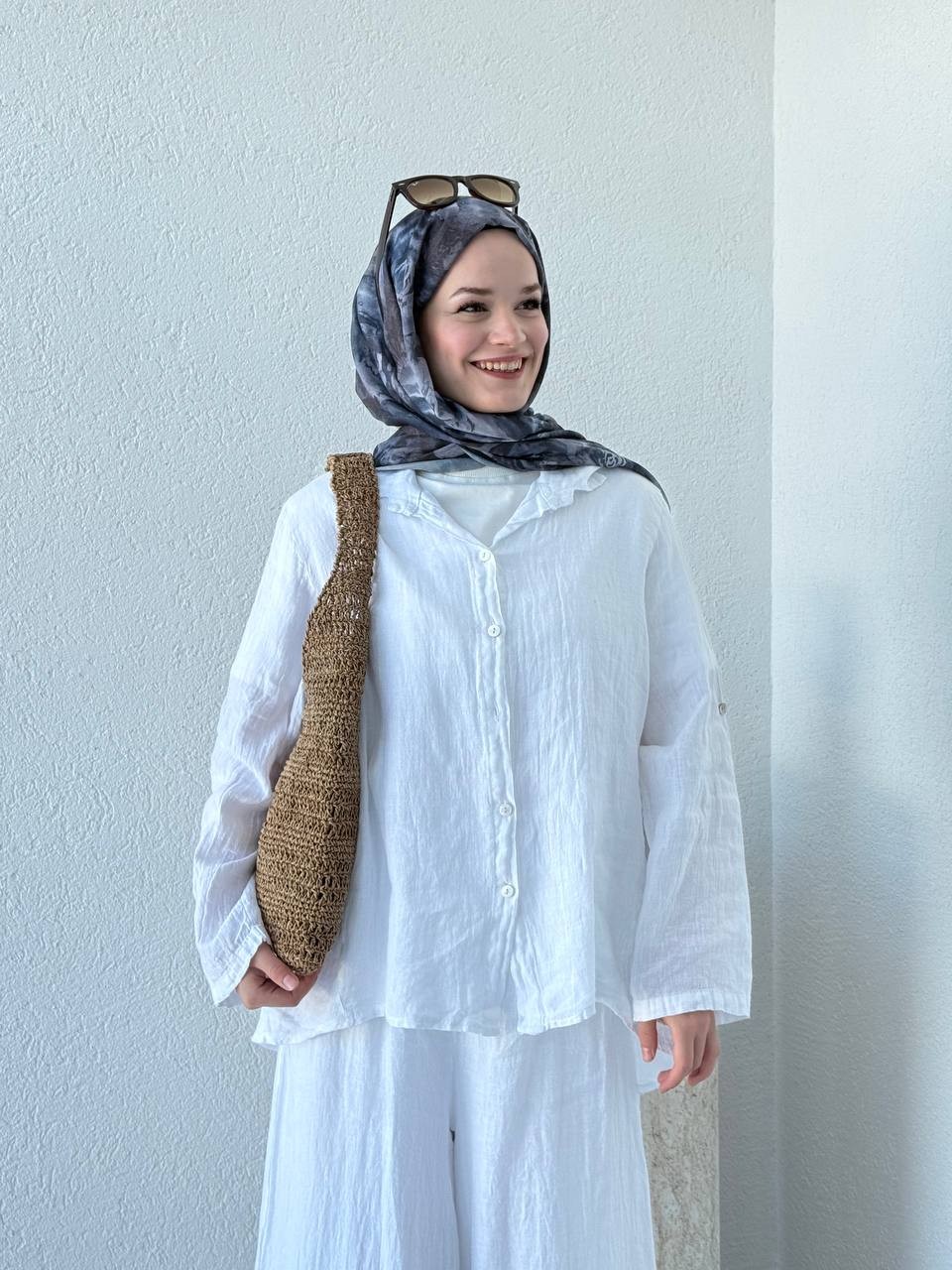 Keten Oversize Takım FLR - Beyaz