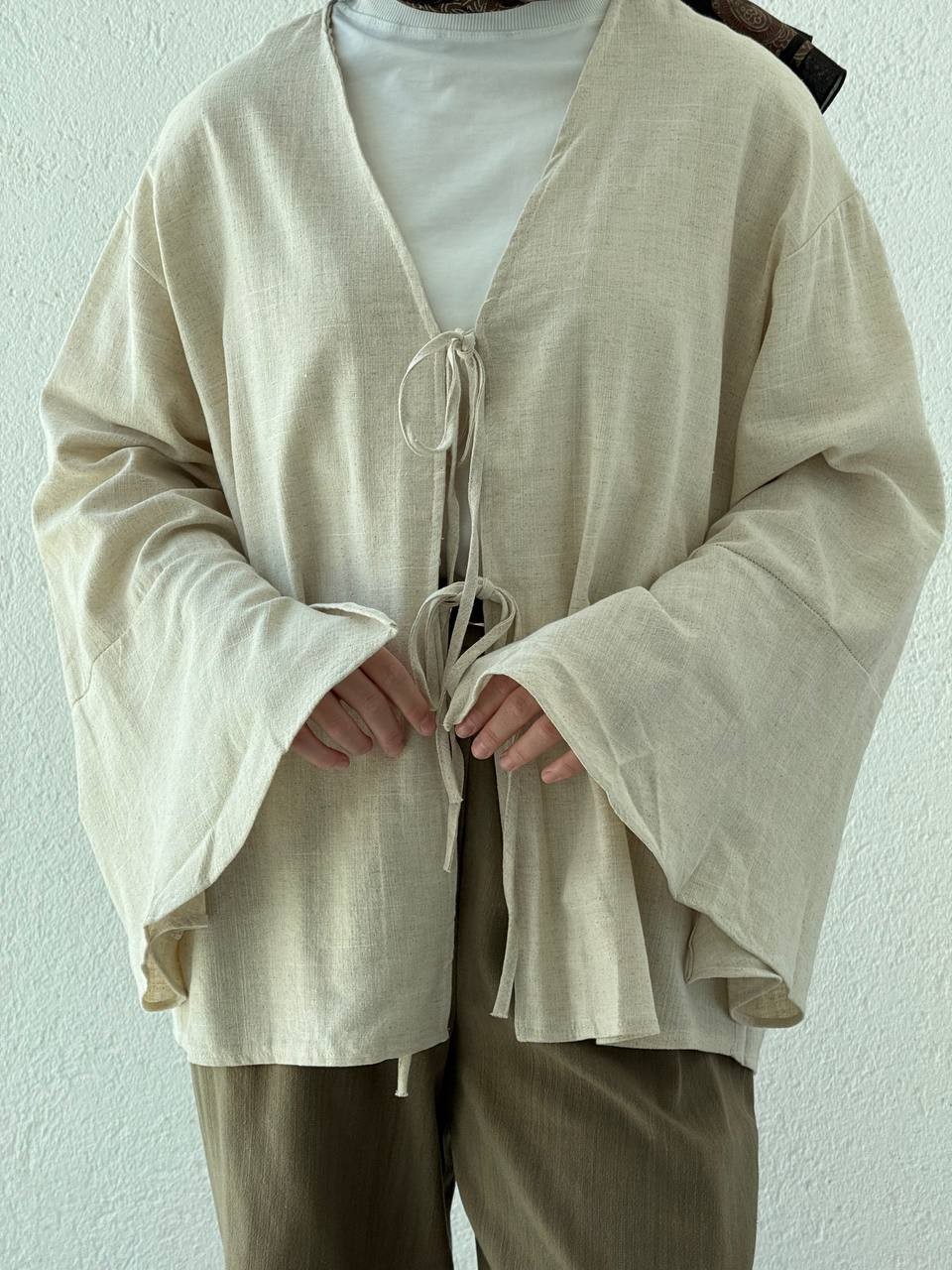 Ham Pamuk Keten Dokulu Kol Volanlı Kimono 5235 - naturel