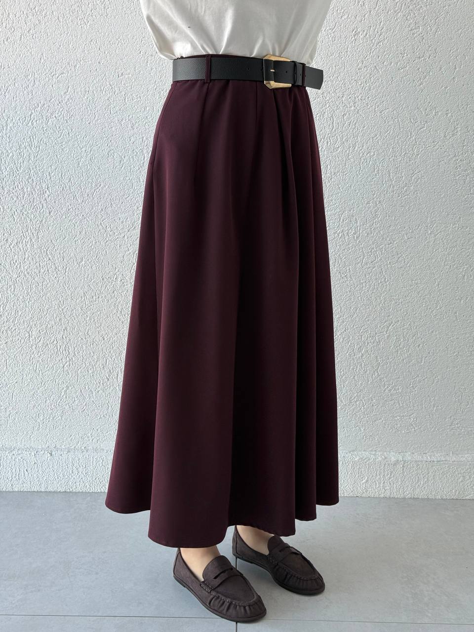 Poliviskon Pileli Yüksek Bel Kemerli Etek 3360 - bordo