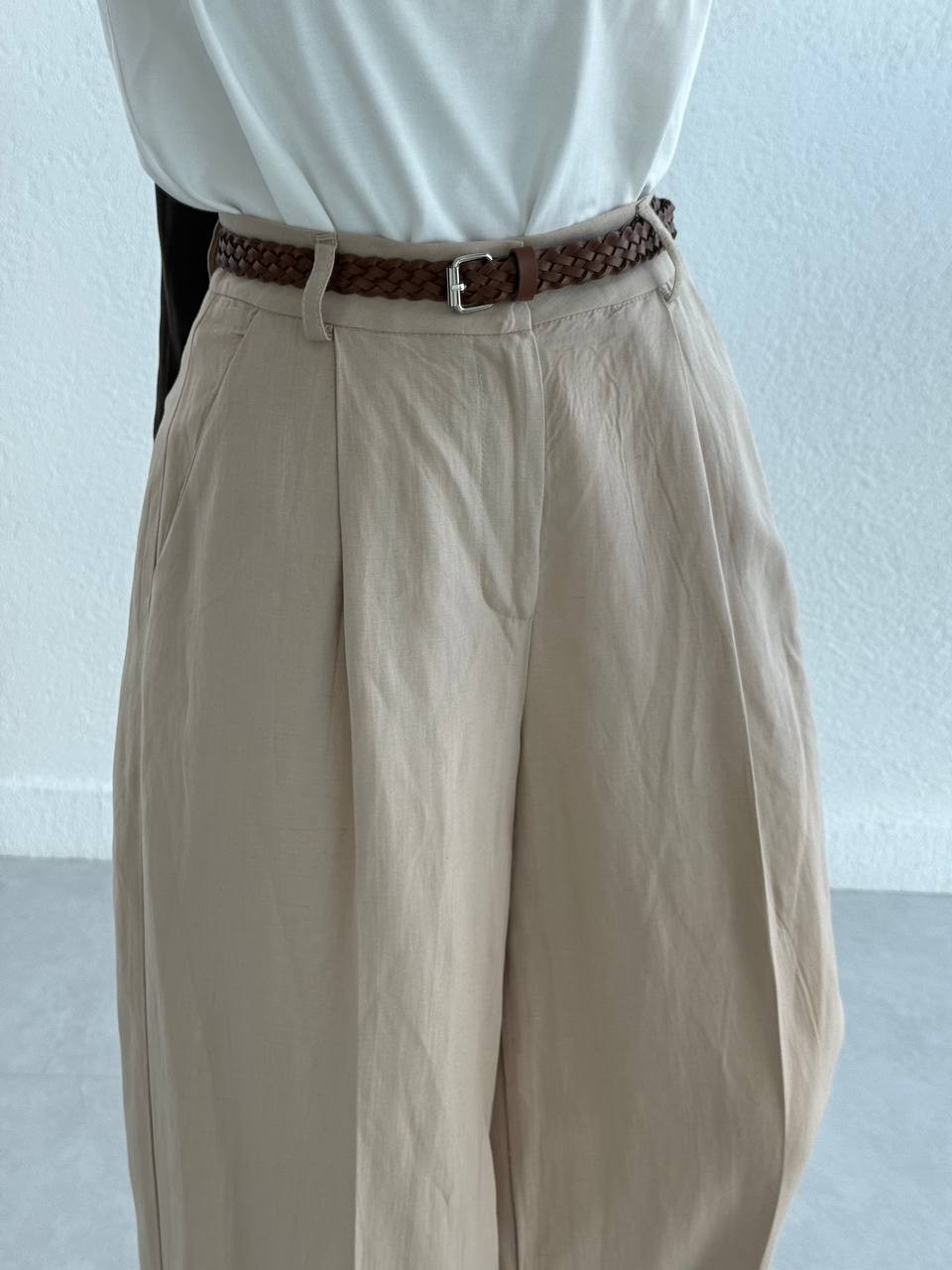 Kemerli Keten Palazzo Pantolon 51150 - Taş