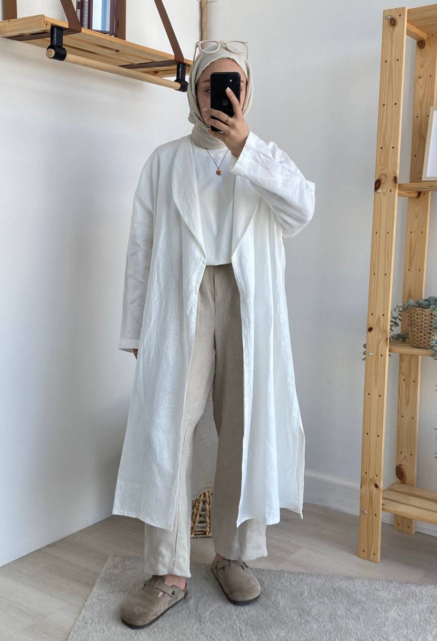 Premium Keten Uzun Kuşaklı Kimono - Beyaz