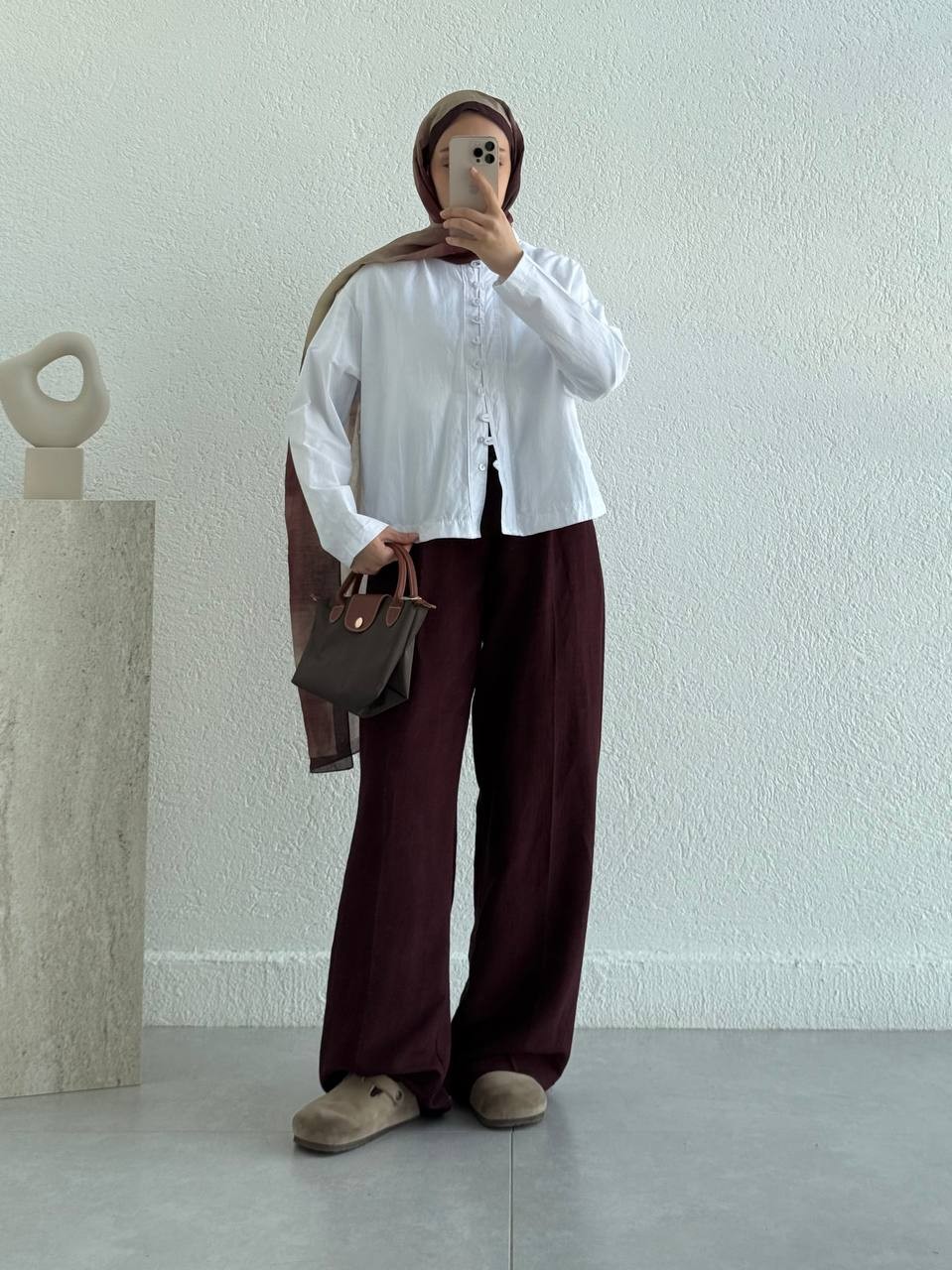 Kemerli Keten Palazzo Pantolon 51150 - bordo