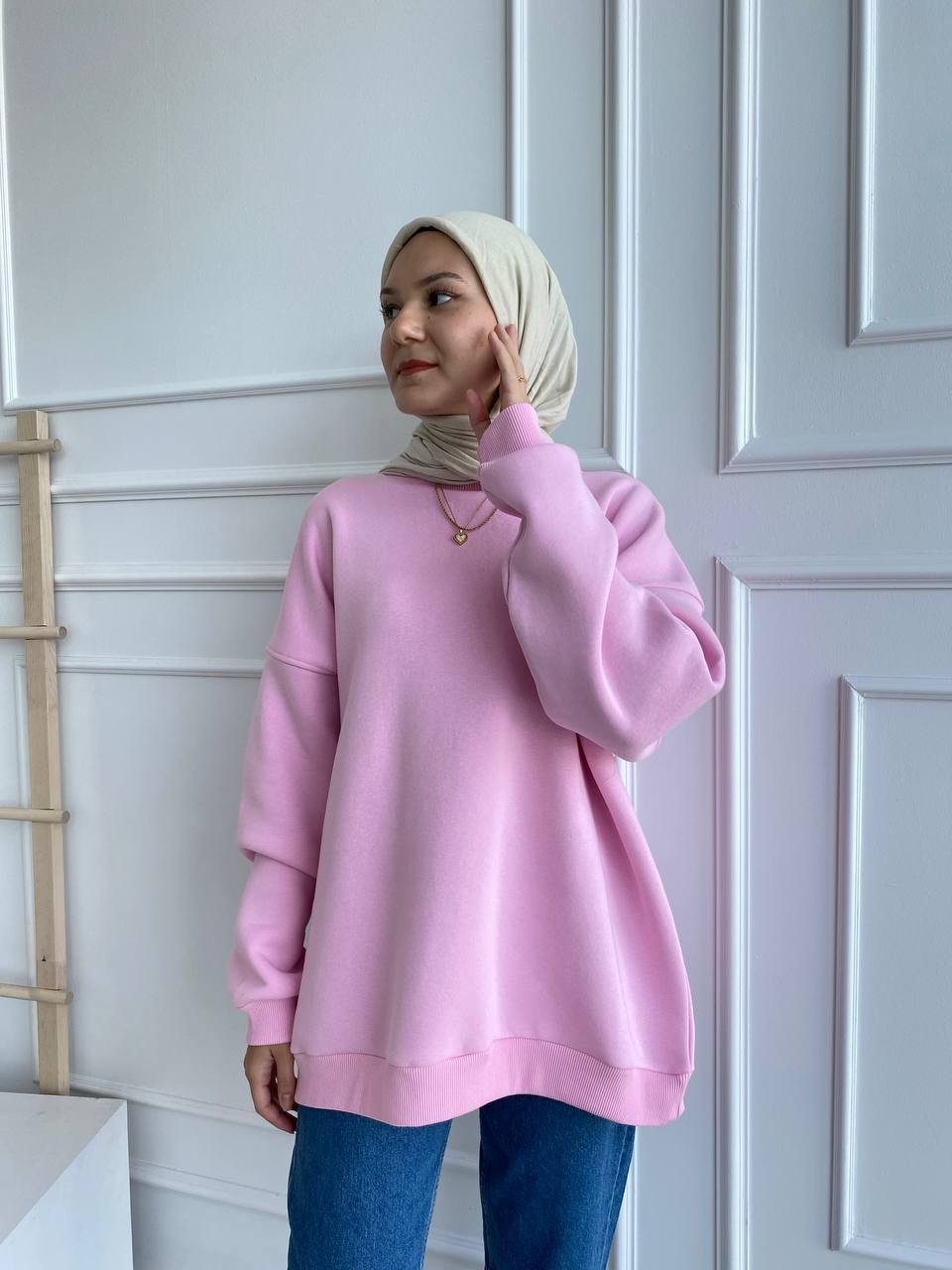 Basic Oversize Şardonlu Sweatshirt - Açık Pembe