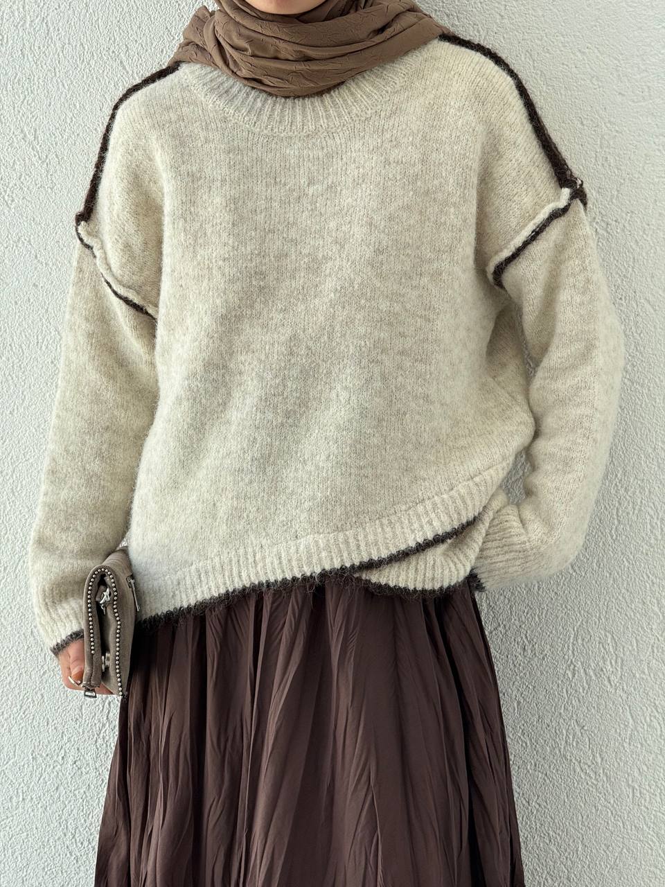 Örgü Biyeli Triko Kazak 7019 - Ekru