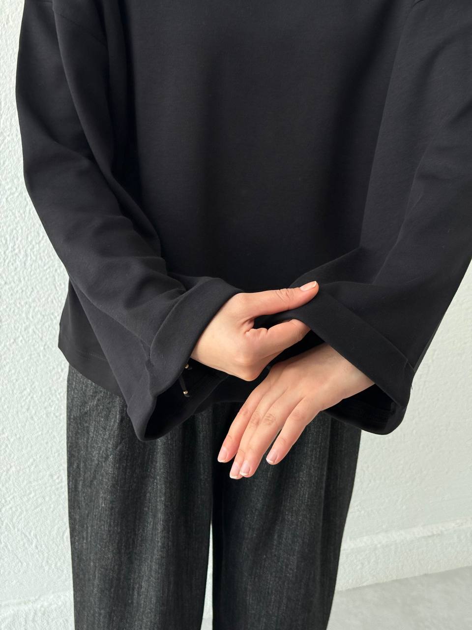 Dik Yaka Oversize Double Kol Sweat  - Siyah