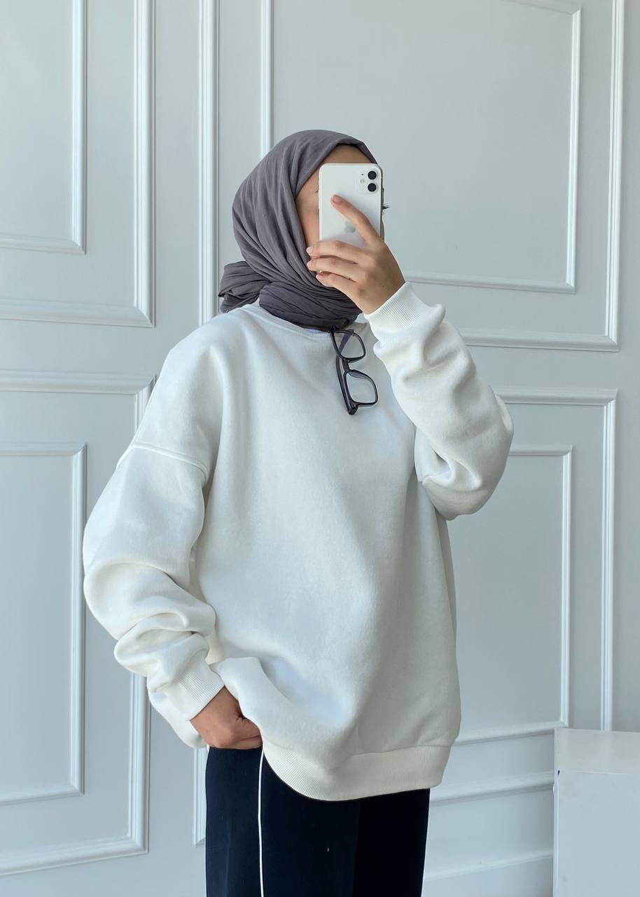 Basic Oversize Şardonlu Sweatshirt - Beyaz