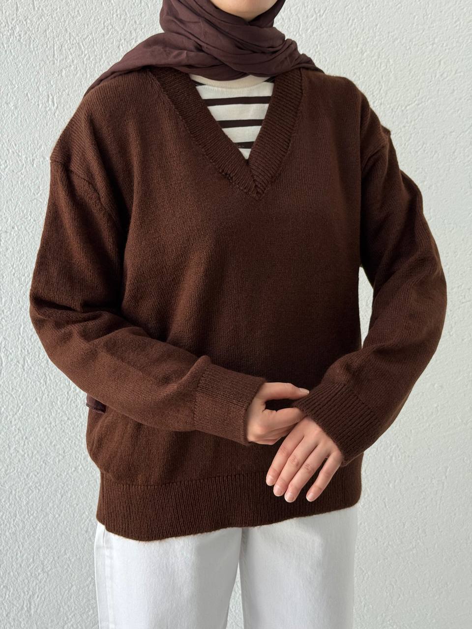 V Yaka Triko Kazak 0075 - Kahve