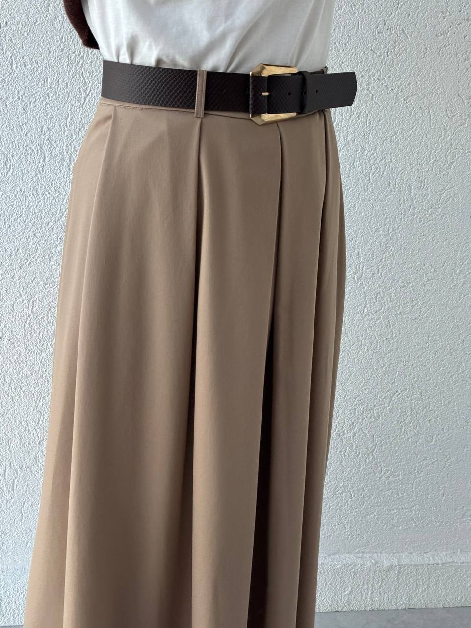 Poliviskon Pileli Yüksek Bel Kemerli Etek 3360