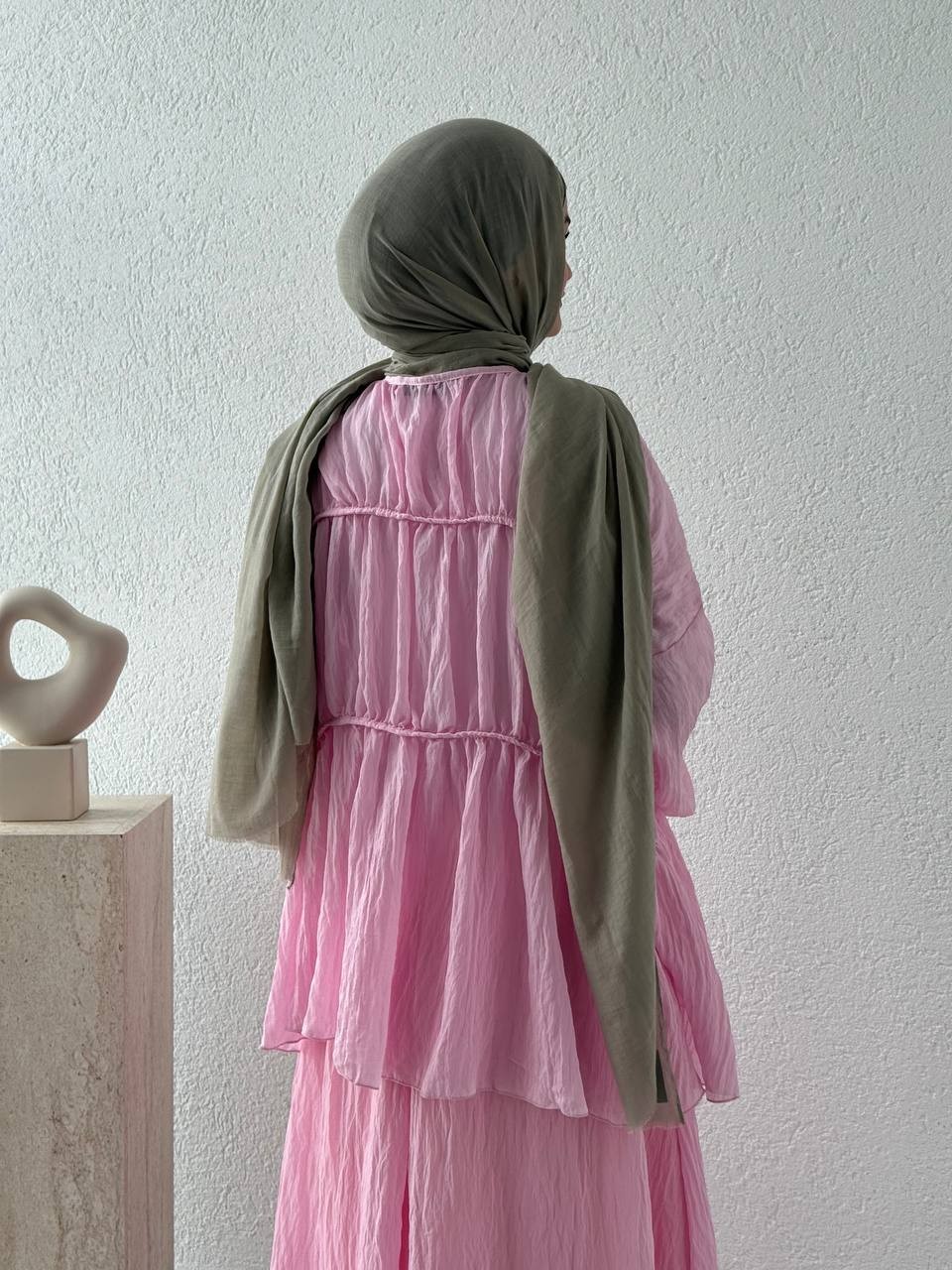 Şifon Görünümlü Poliamid Etekli Takım 9027  - Pembe