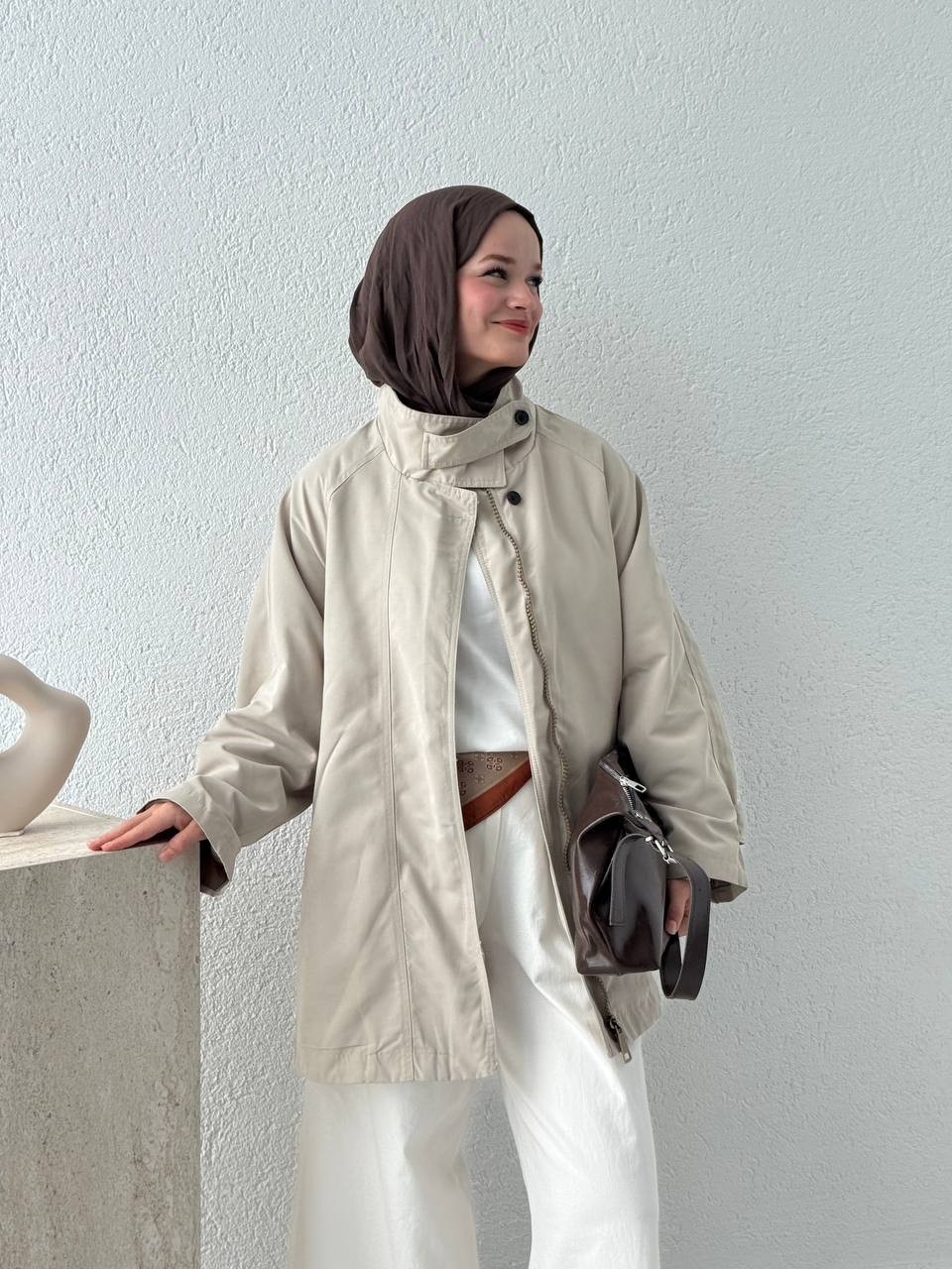 Kanvas Pamuk Oversize Dik Yaka Trenç 