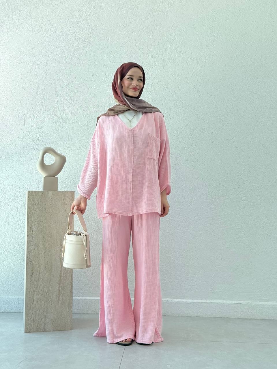 Müslin Gömlekli Palazzo Takım  - Açık Pembe
