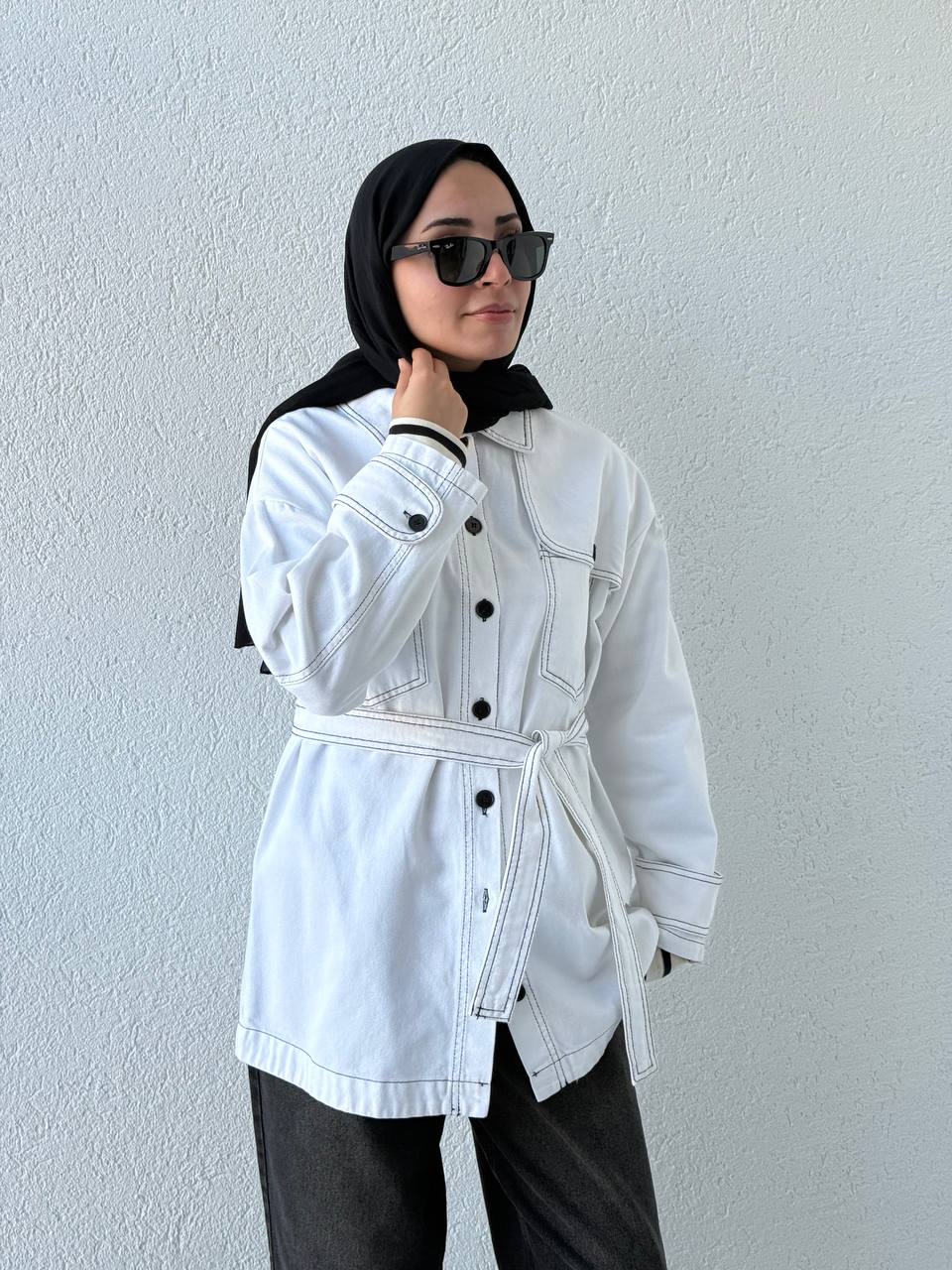 Denim Çift Dikişli Kuşaklı Ceket 7347