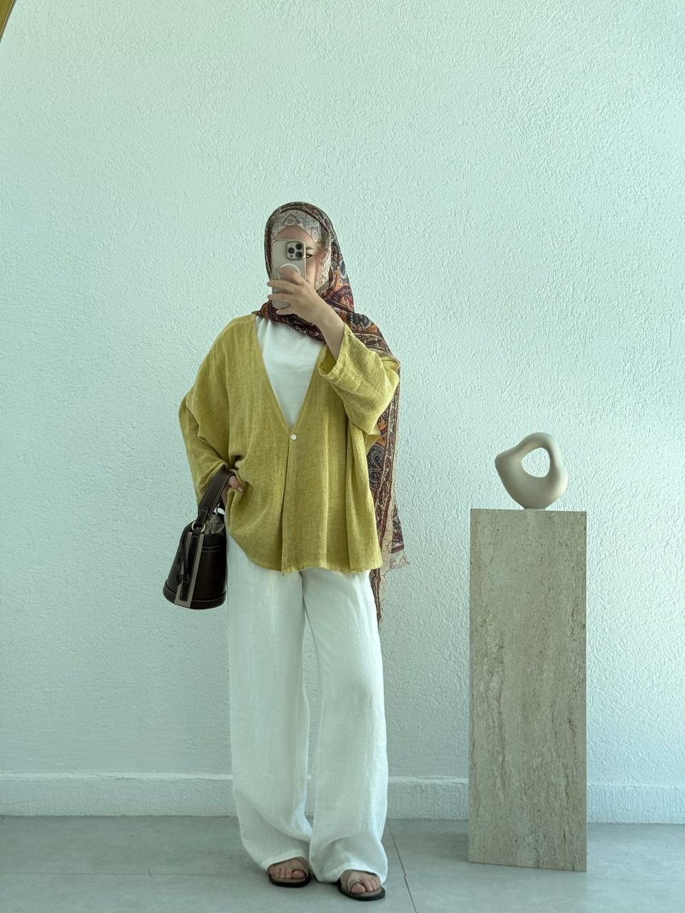 Keten Dokulu Tek Düğmeli Hırka - Kimono - Olive