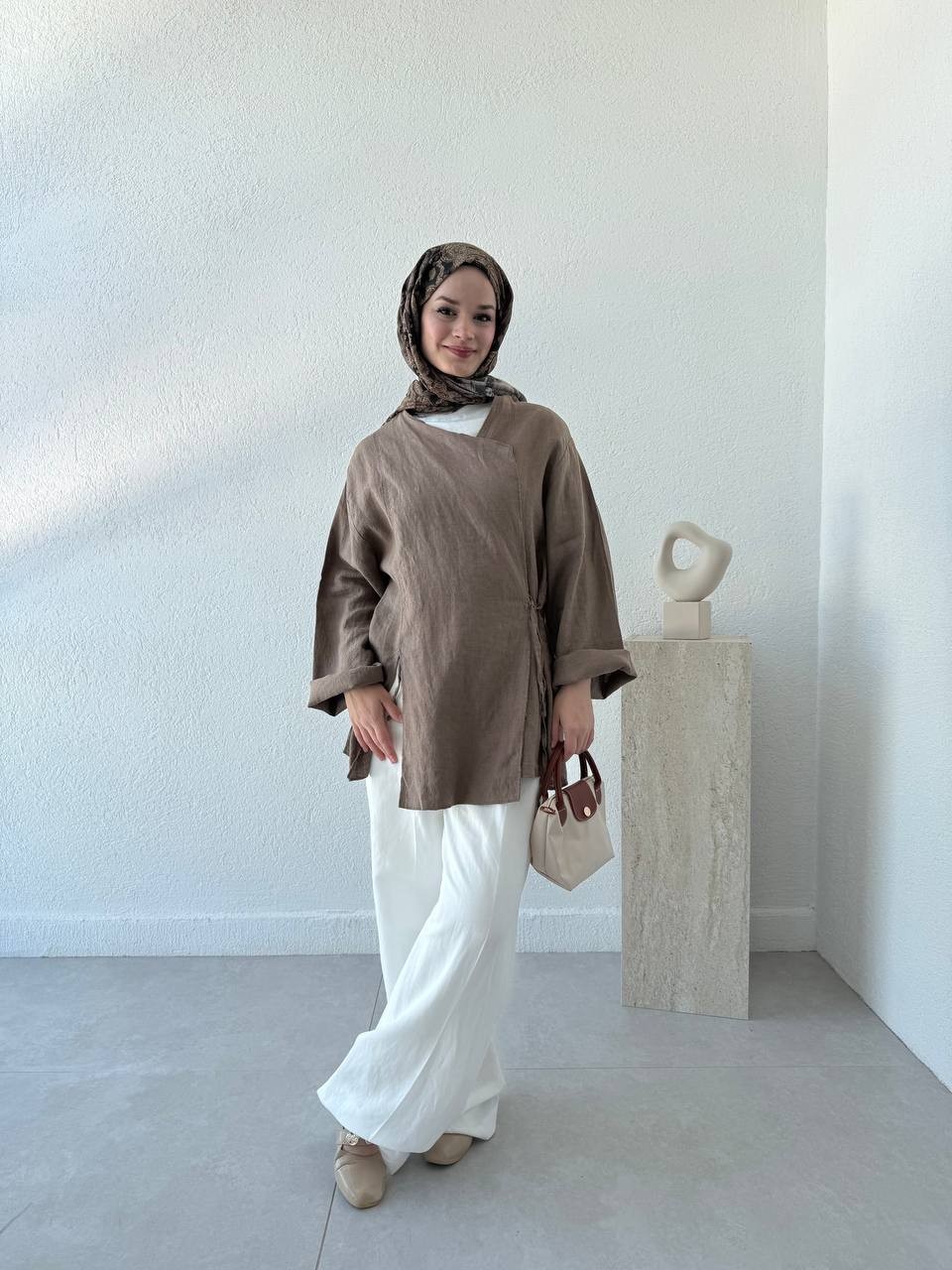 Keten Overlok Geçişli Yırtmaçlı Kimono 027 - Kahve