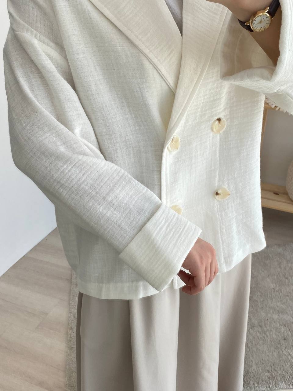 Pamuk Keten Oversize Ceket - Beyaz