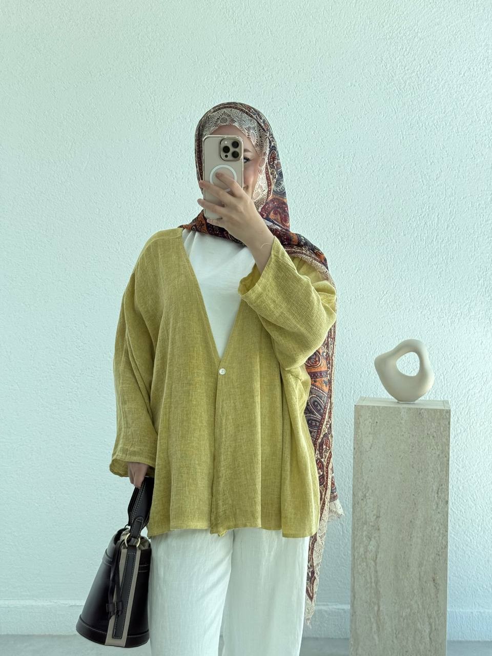 Keten Dokulu Tek Düğmeli Hırka - Kimono - Olive