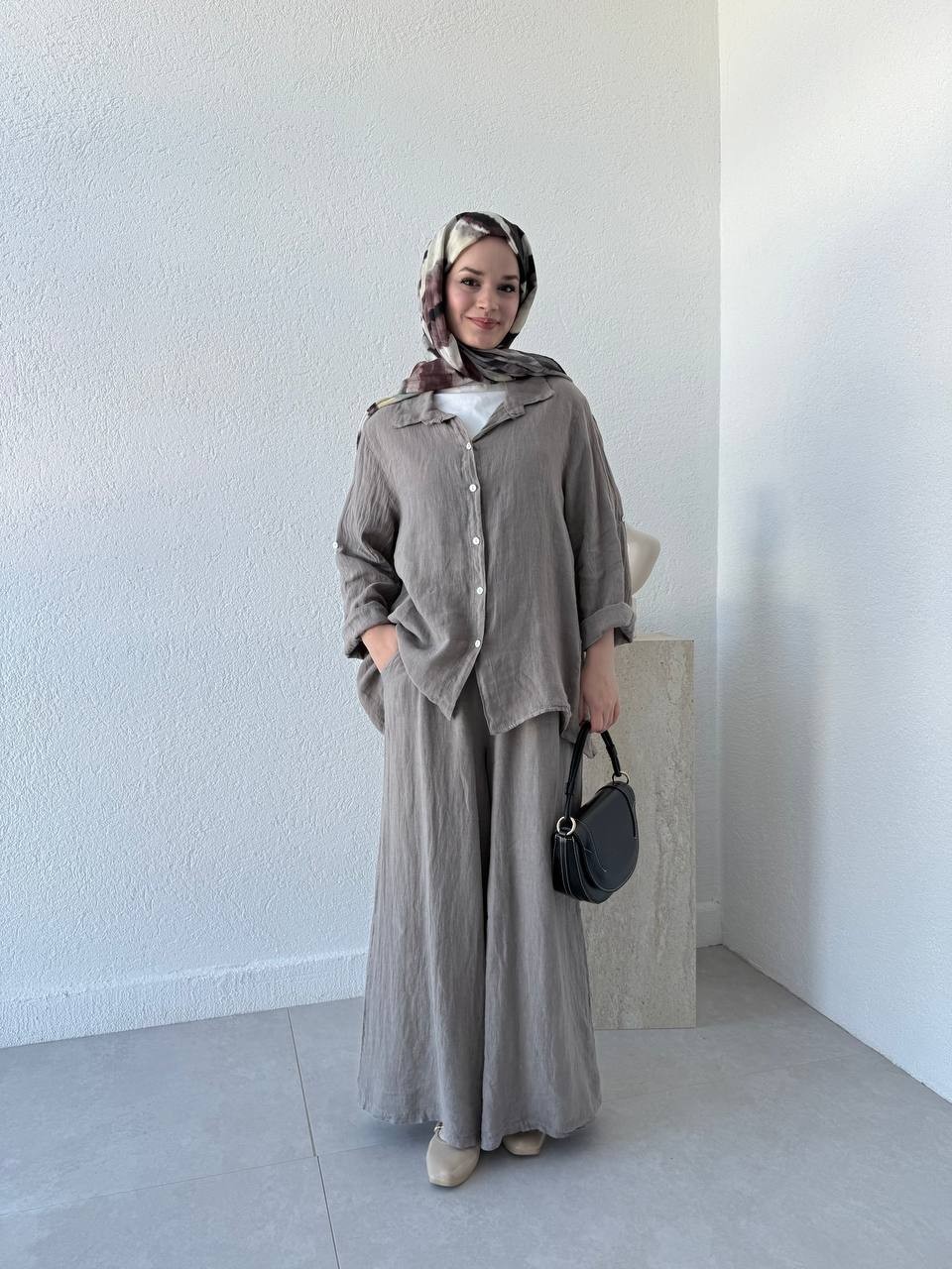 Keten Oversize Takım FLR - Vizon