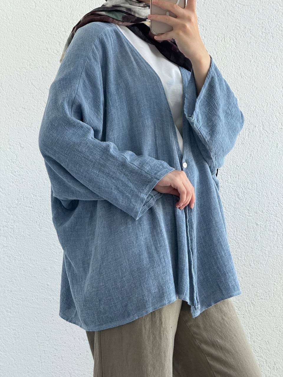 Keten Dokulu Tek Düğmeli Hırka - Kimono - Mavi