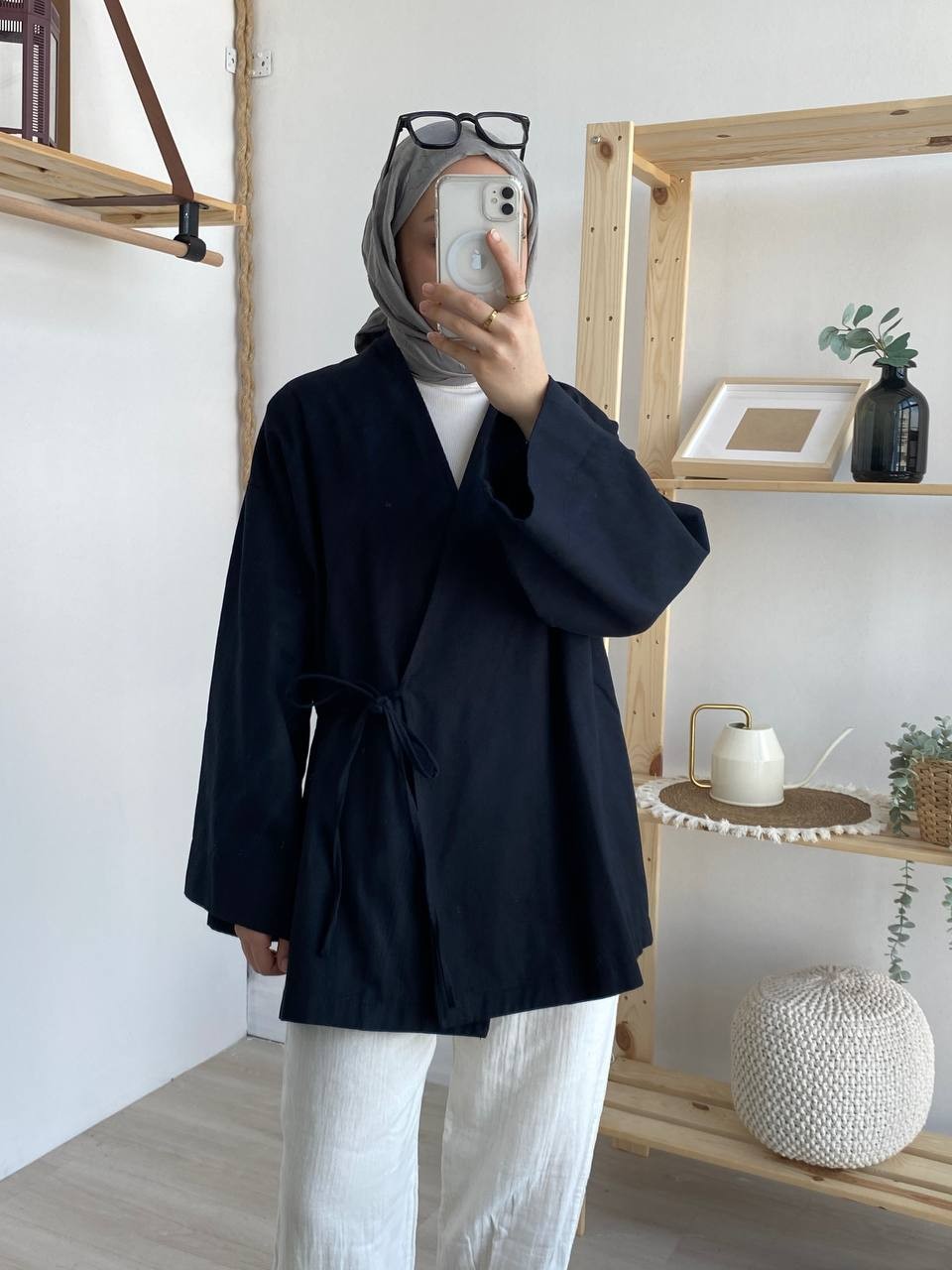 Gabardin Belden Bağlamalı Kimono - Siyah