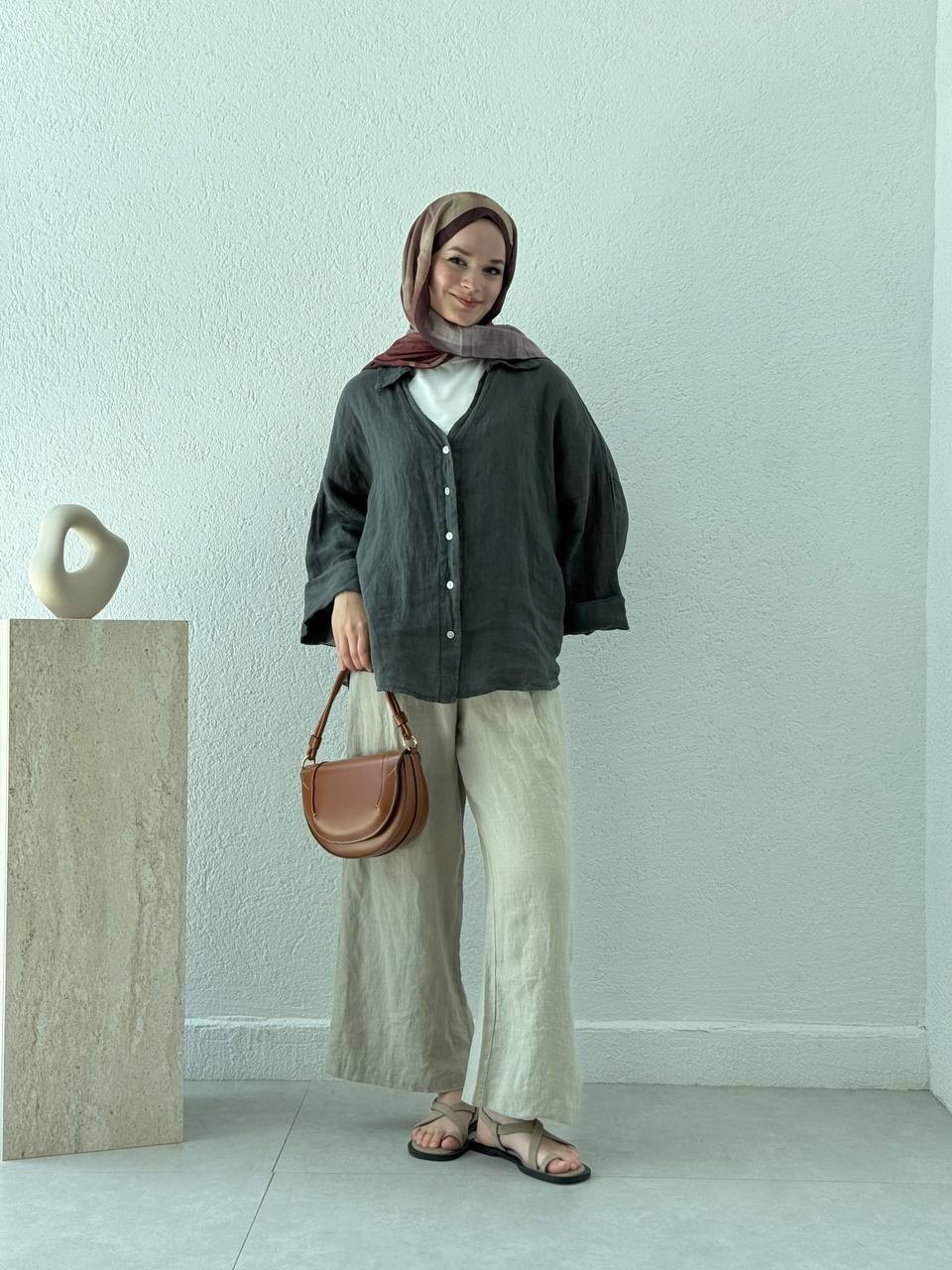 Yüksek Bel Keten Etek Pantolon mssn - Soft Yeşil