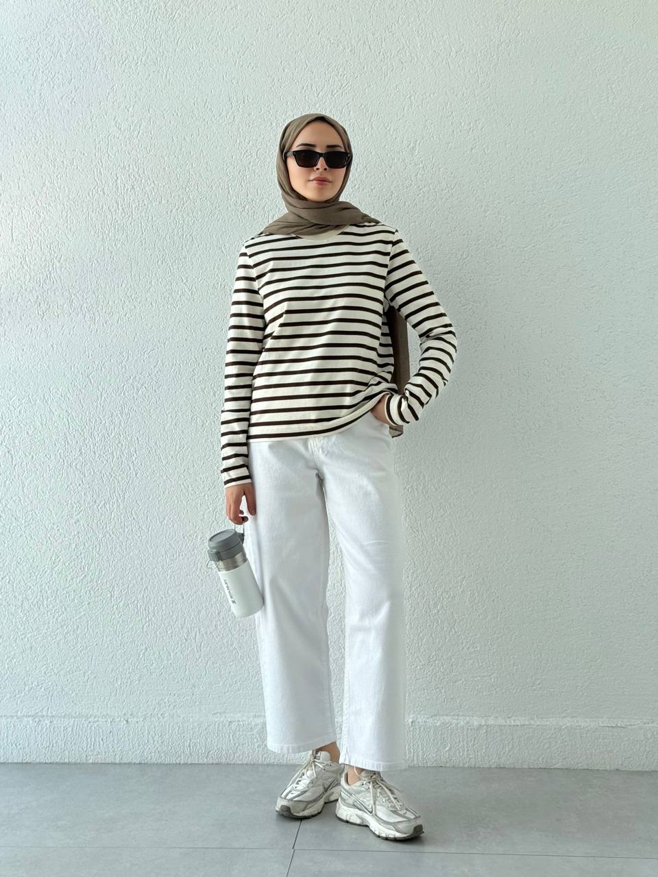 Çizgili Uzun Kollu Biyeli Tişört  - Kahve