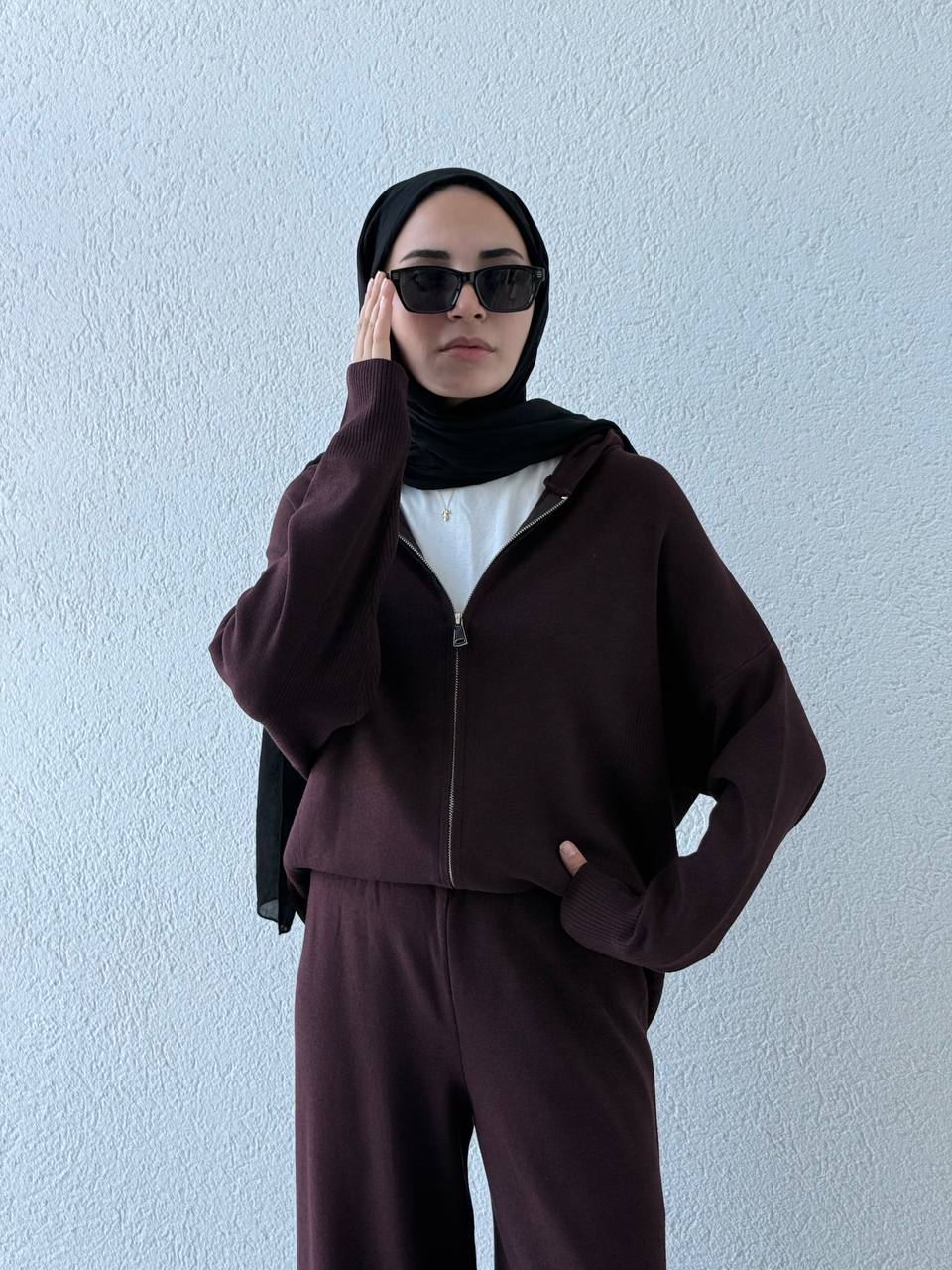 Oysho Model Kapüşonlu Triko Takım T23 - bordo