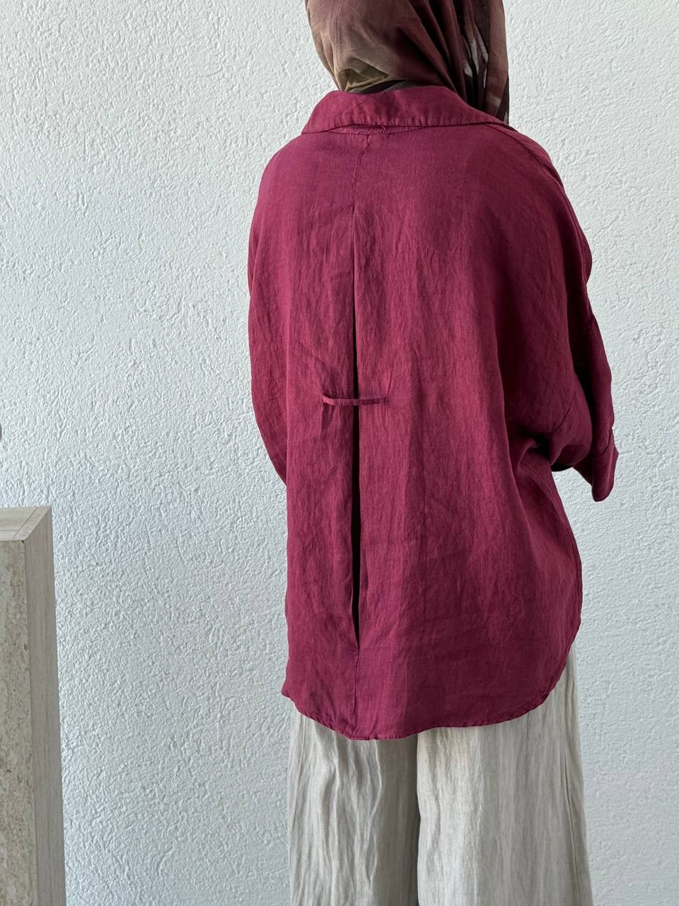 Premium Kol Katlama Detaylı Keten Gömlek flr - bordo