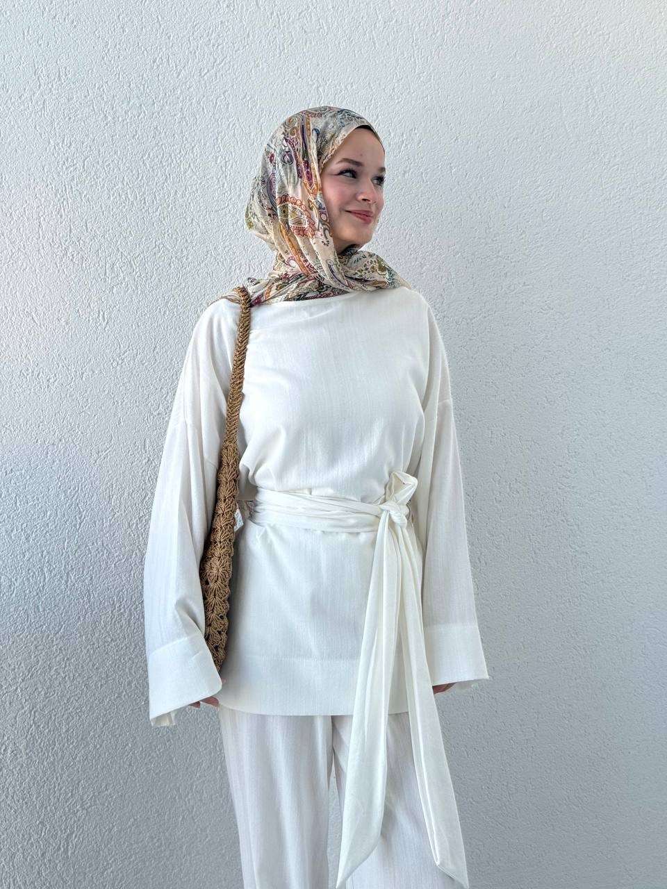 Keten Dokulu Kuşaklı Pantolonlu Takım 451  - Beyaz