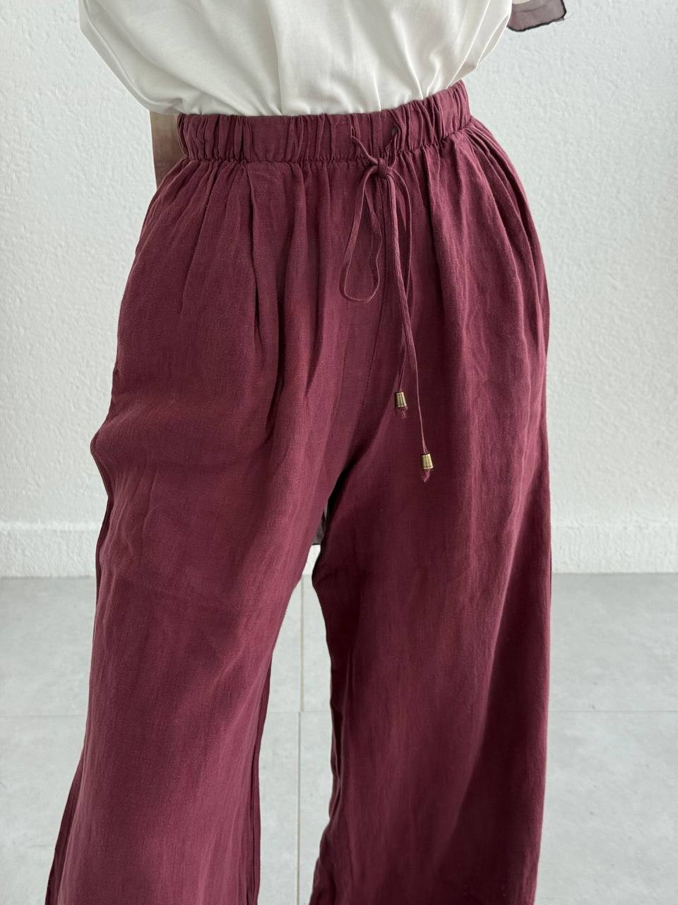 Keten Paça Dikiş Detaylı Pantolon 50886 - bordo