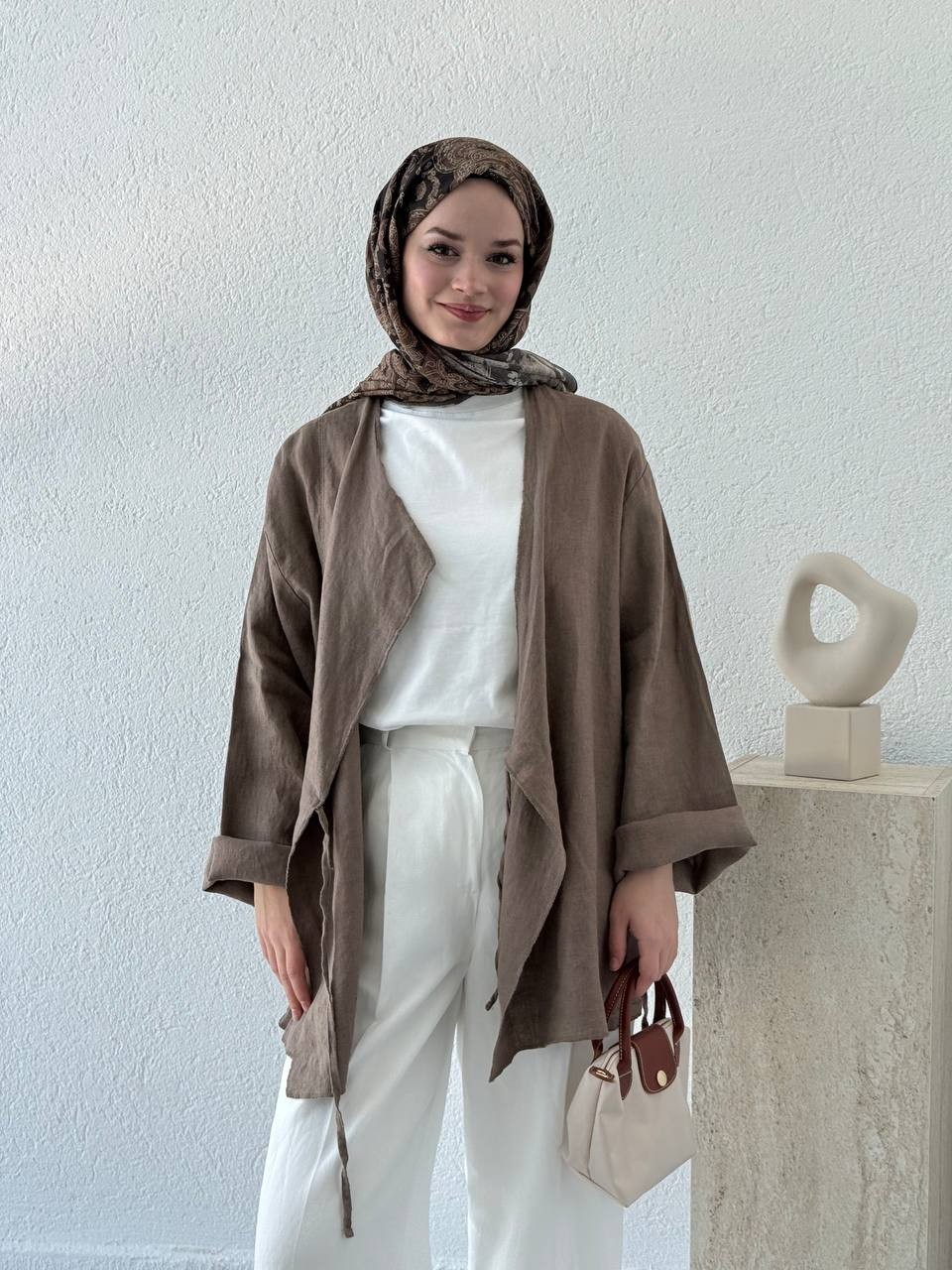 Keten Overlok Geçişli Yırtmaçlı Kimono 027 - Kahve