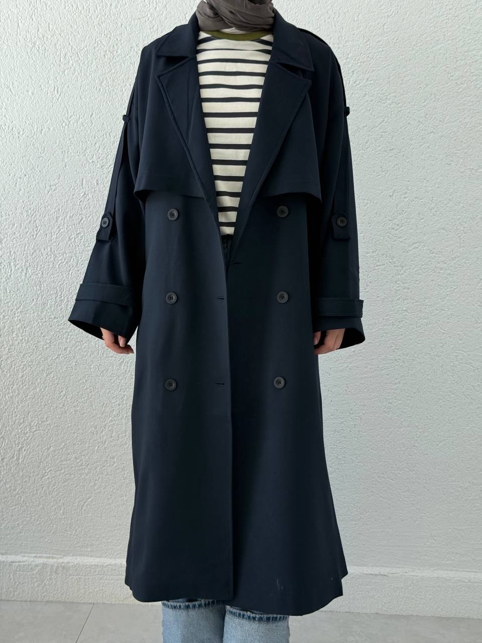 Premium Kalite Oversize Astarlı Kuşaklı Trençkot - Lacivert