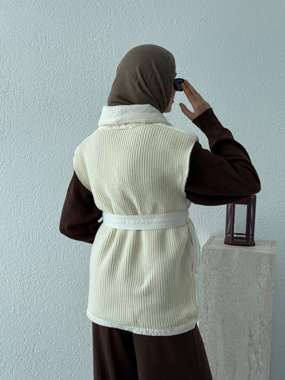 Triko Detay Kemerli Şişme Yelek T42 - krem