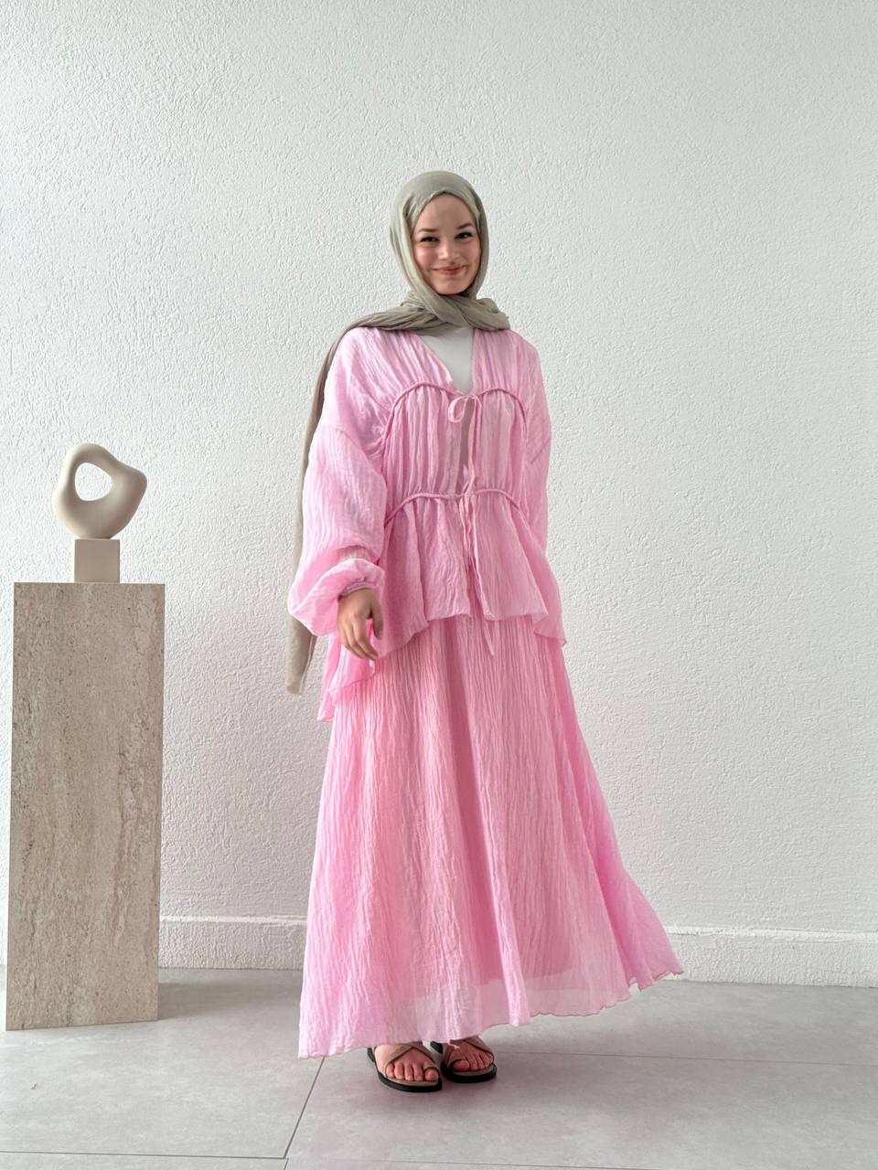 Şifon Görünümlü Poliamid Etekli Takım 9027  - Pembe