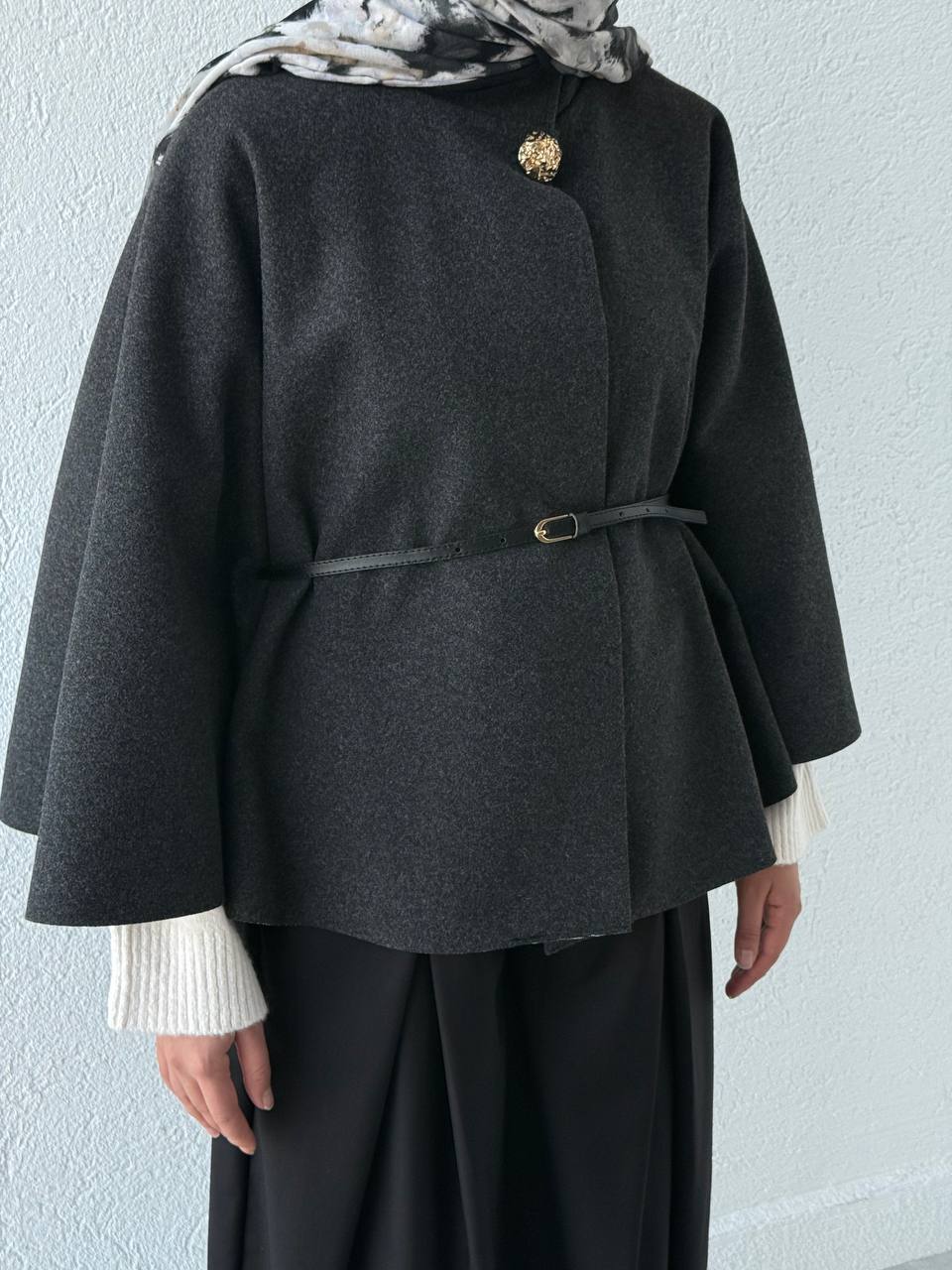 Kaşe Görünümlü Kemerli Panço 251003