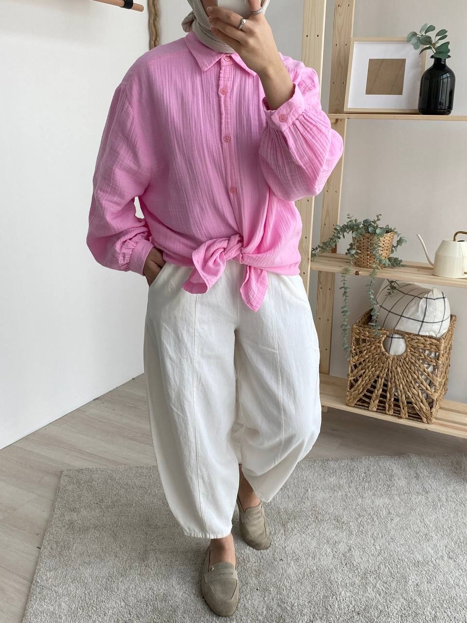 Pamuk Oversize Düşük Kol Gömlek - Açık Pembe