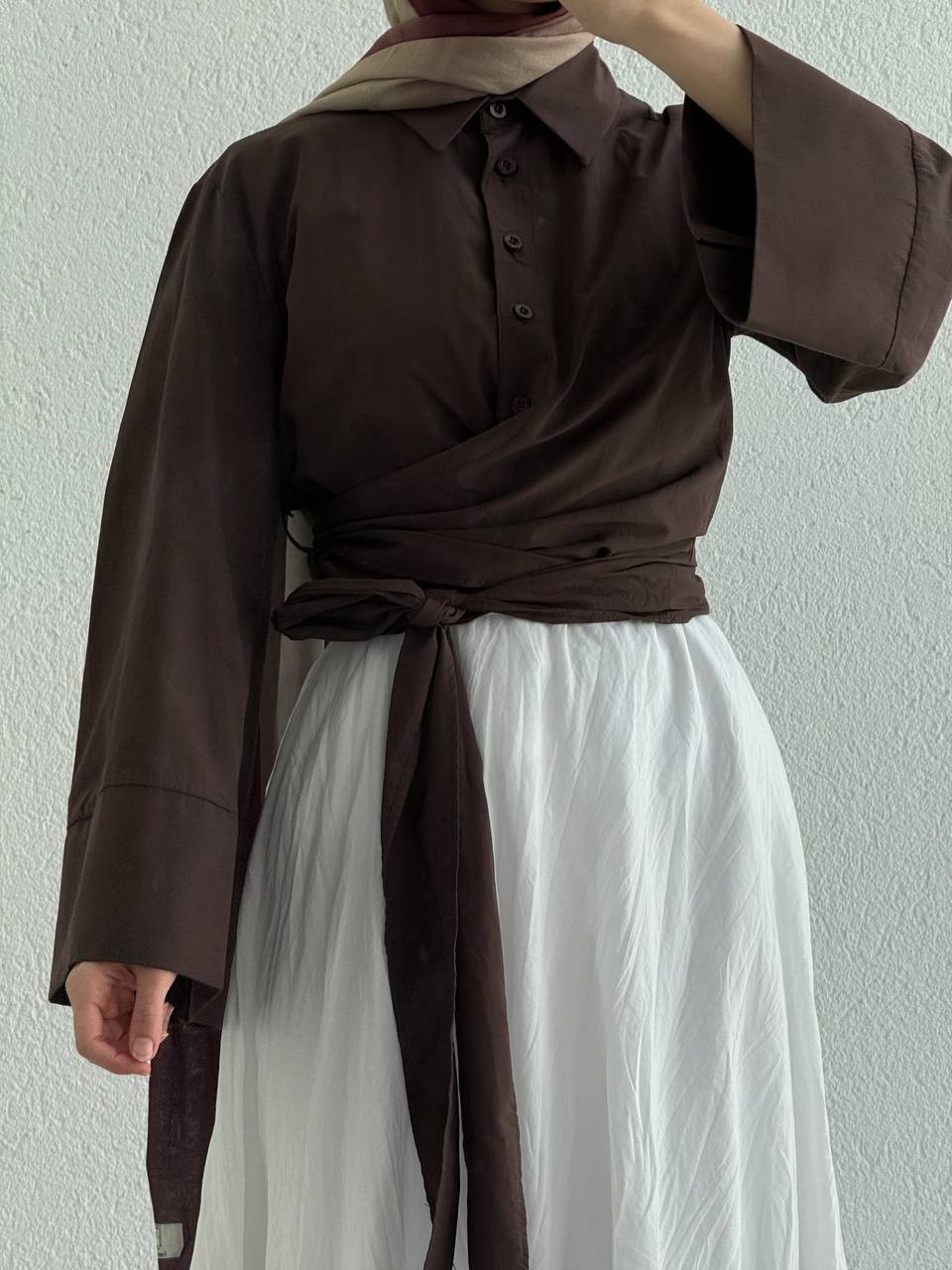 Yandan Bağlamalı Poplin Gömlek - Kahve