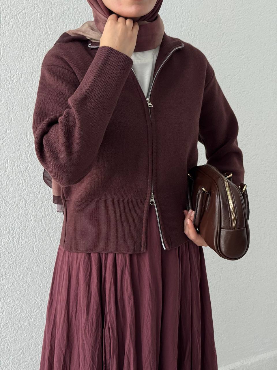 Çift Fermuarlı Kısa Hırka 251042 - Kahve