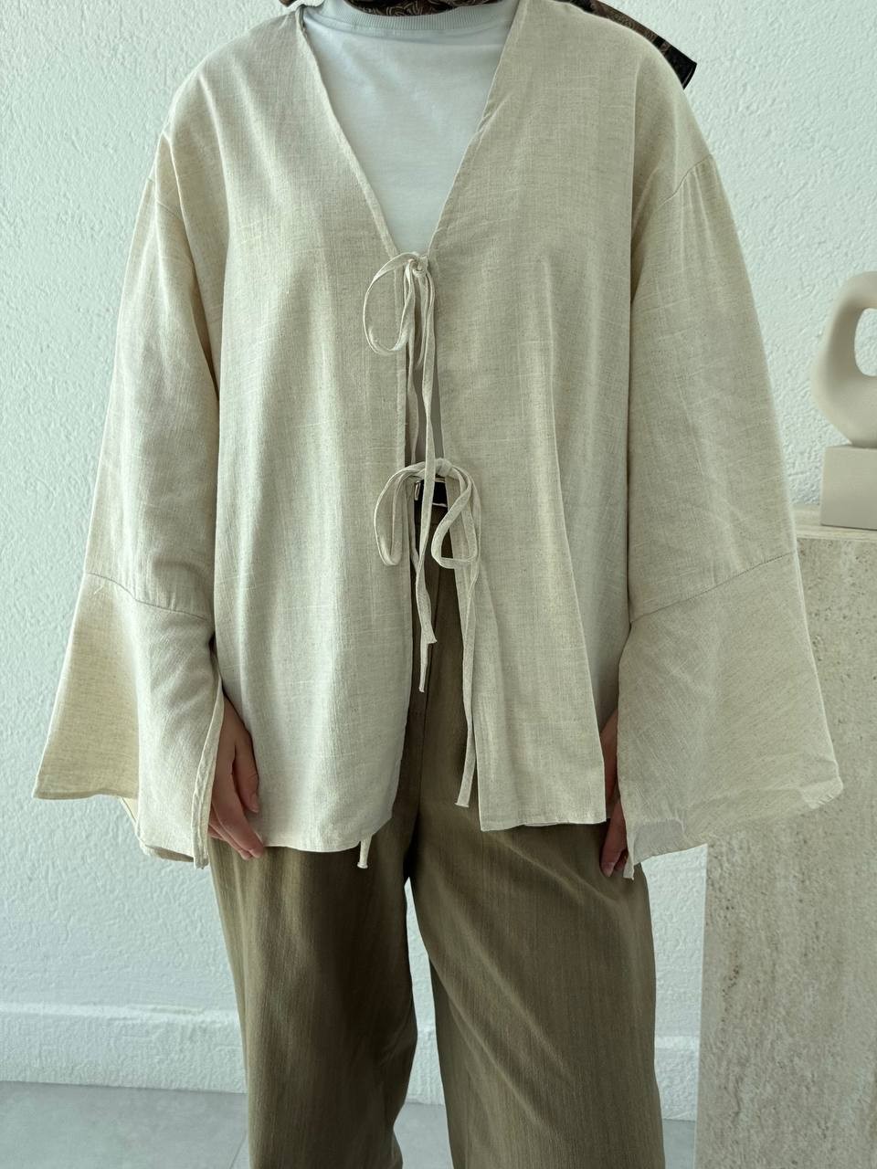 Ham Pamuk Keten Dokulu Kol Volanlı Kimono 5235 - naturel
