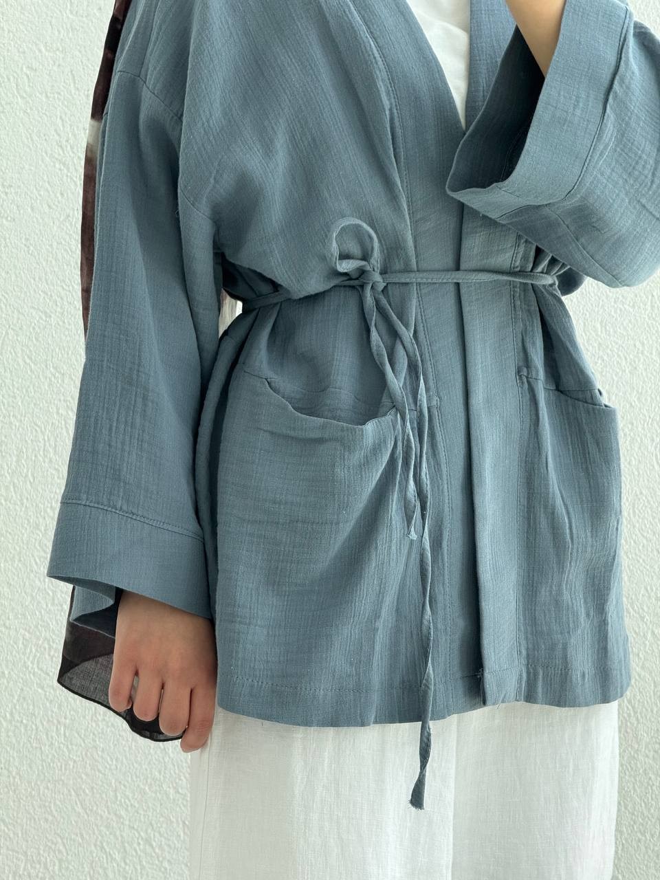 Müslin İki Cepli Kuşaklı Kimono - mavi-gri