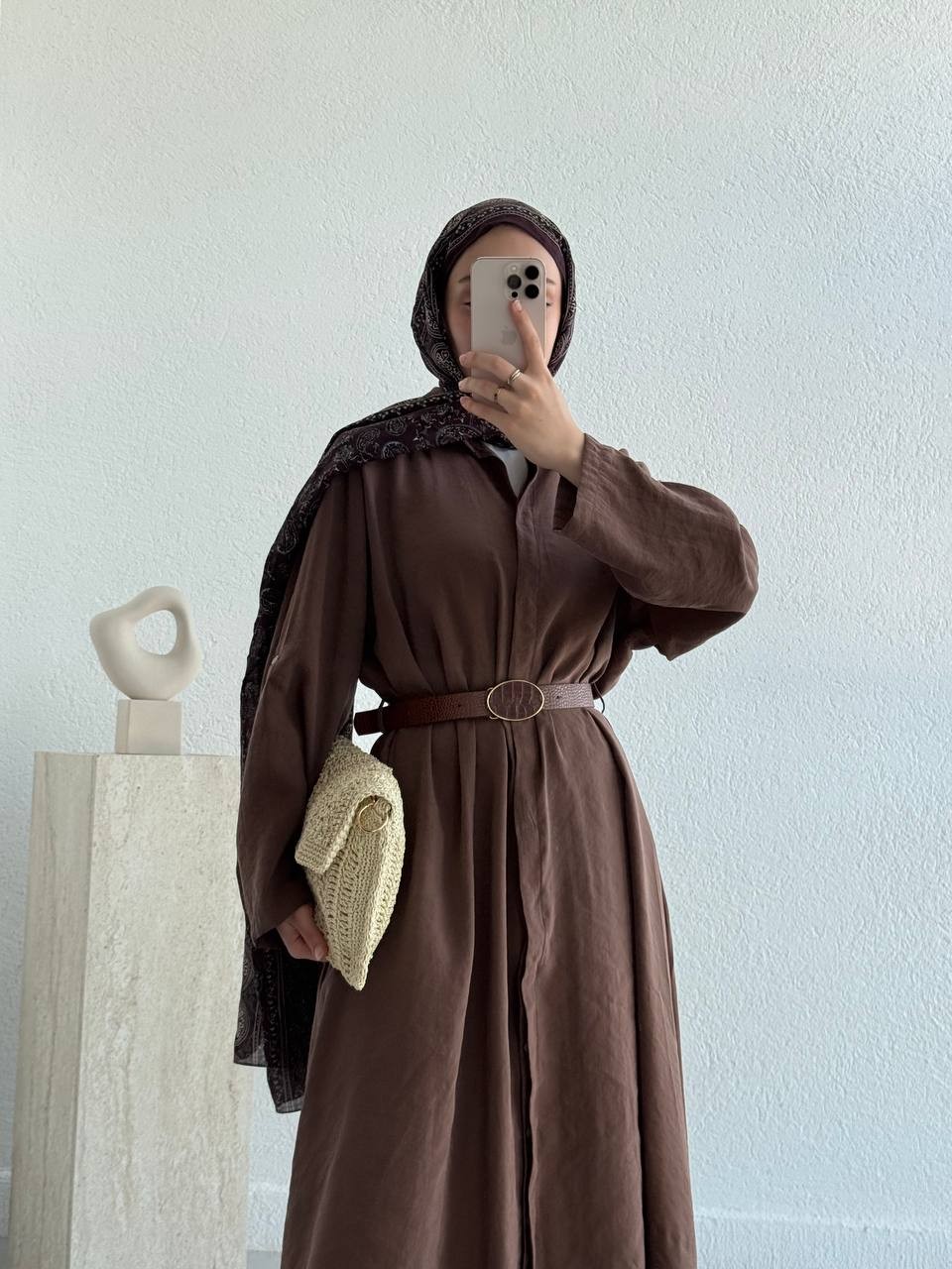 Tencel Önden Düğmeli Kemerli Tunik - Elbise - Kahve