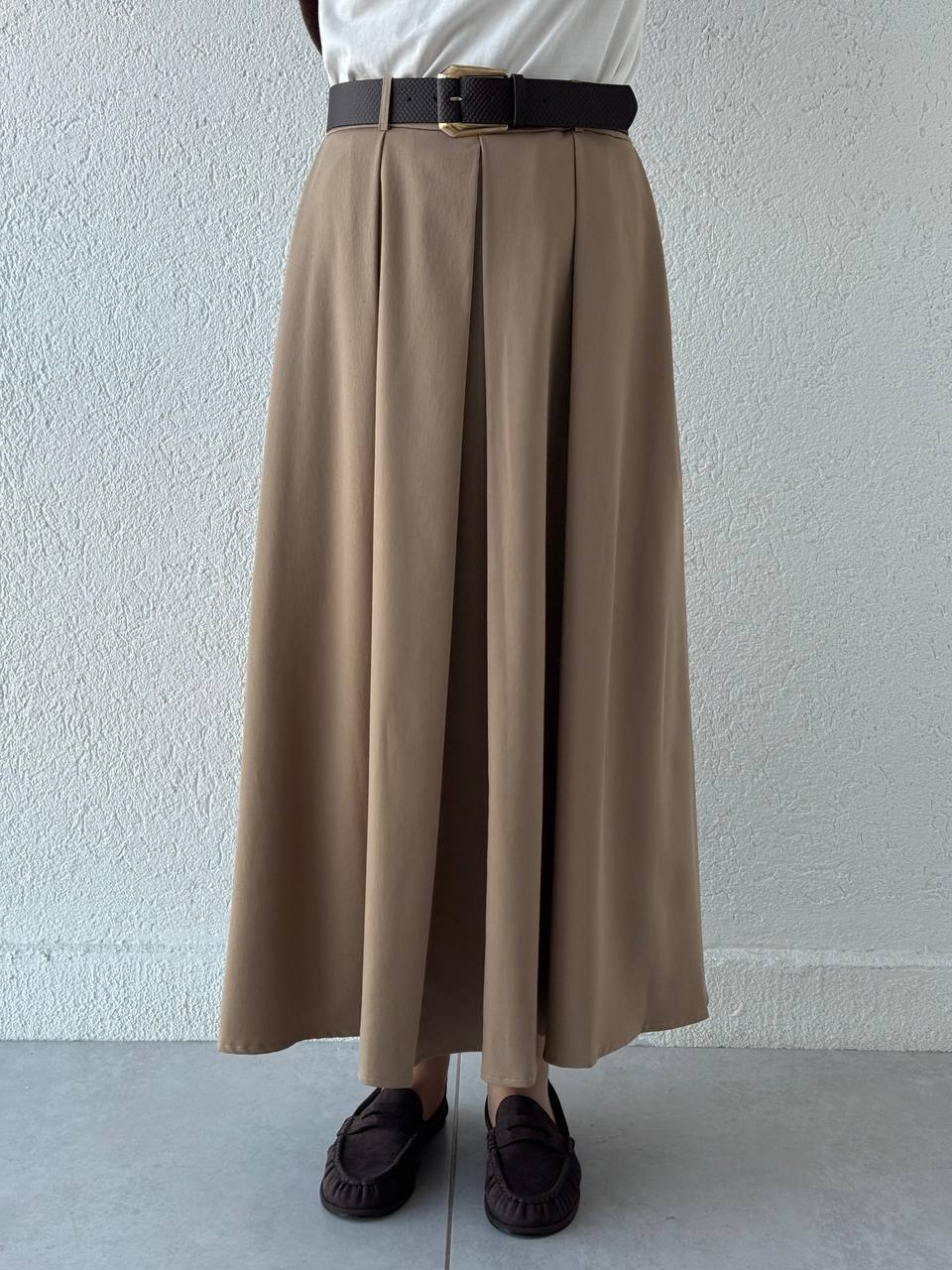 Poliviskon Pileli Yüksek Bel Kemerli Etek 3360