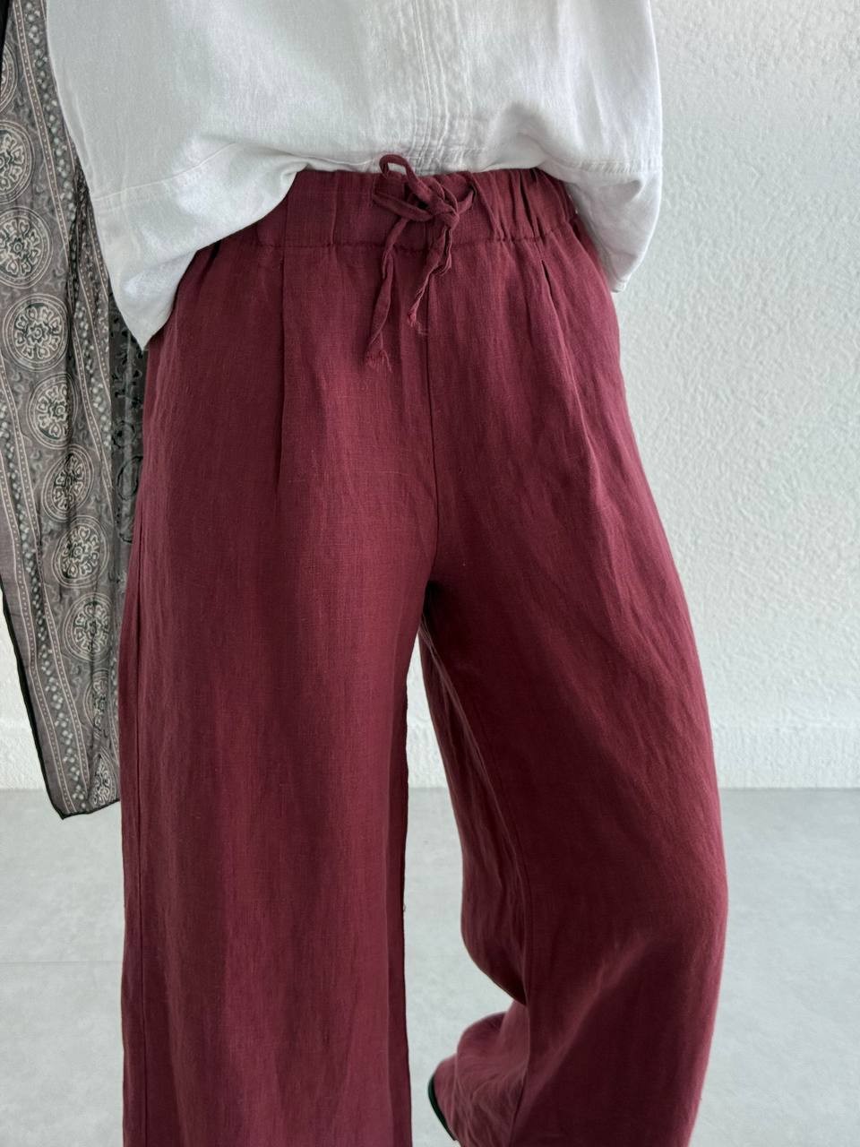 Bol Paça Keten Pantolon - bordo