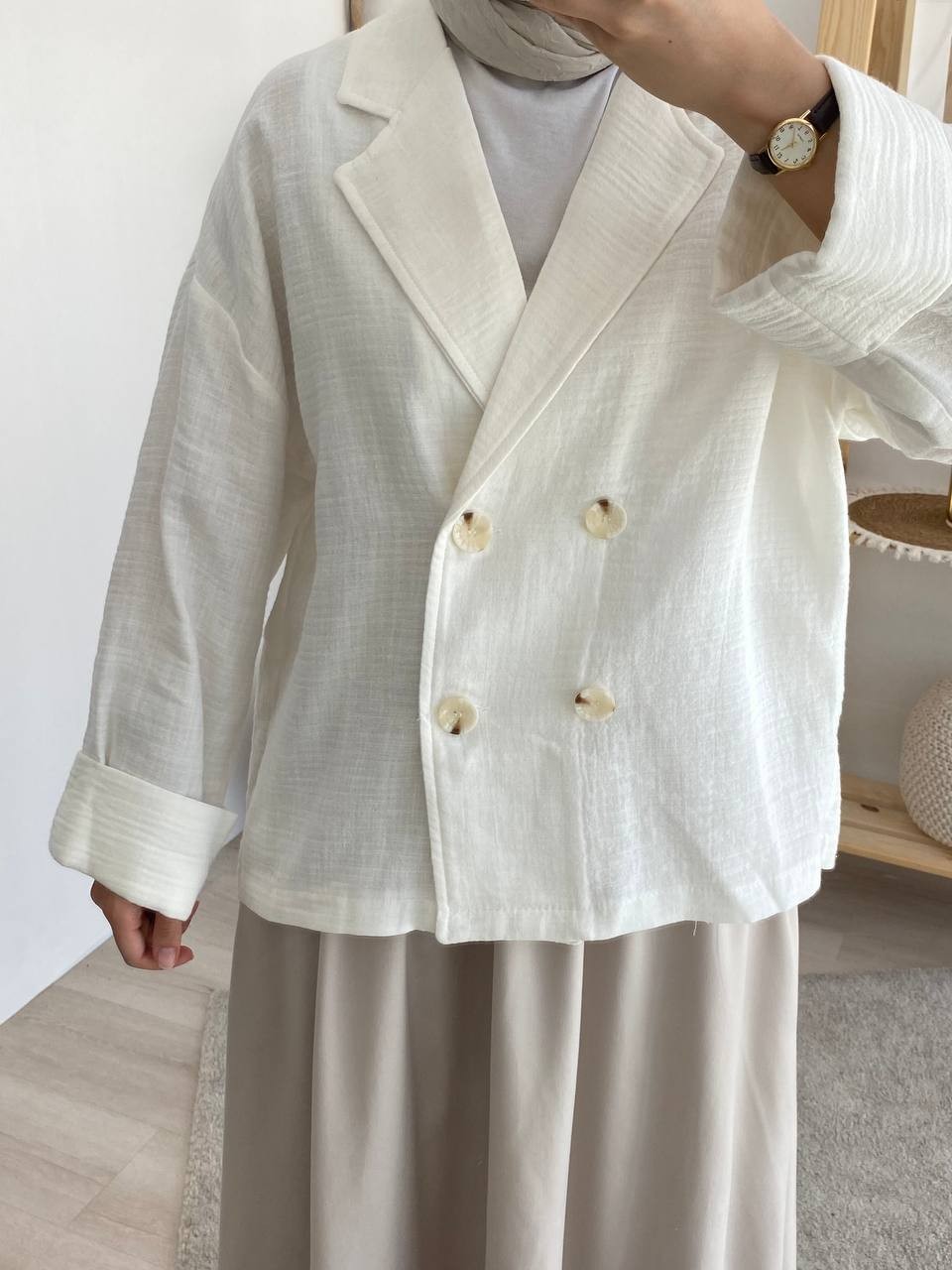 Pamuk Keten Oversize Ceket - Beyaz
