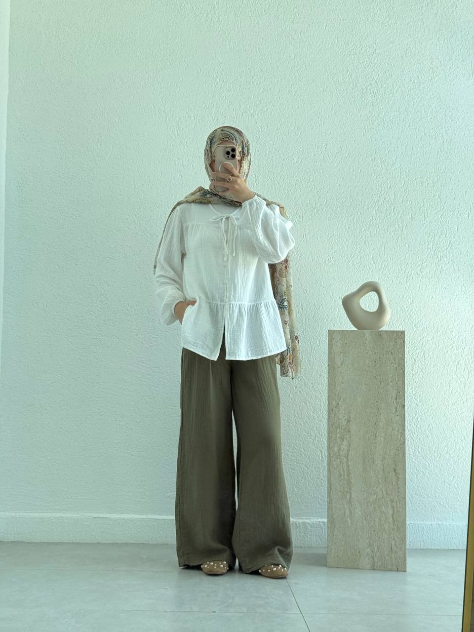 Muslin Ön Bağlamalı Düğmeli Gömlek 4563 - Beyaz