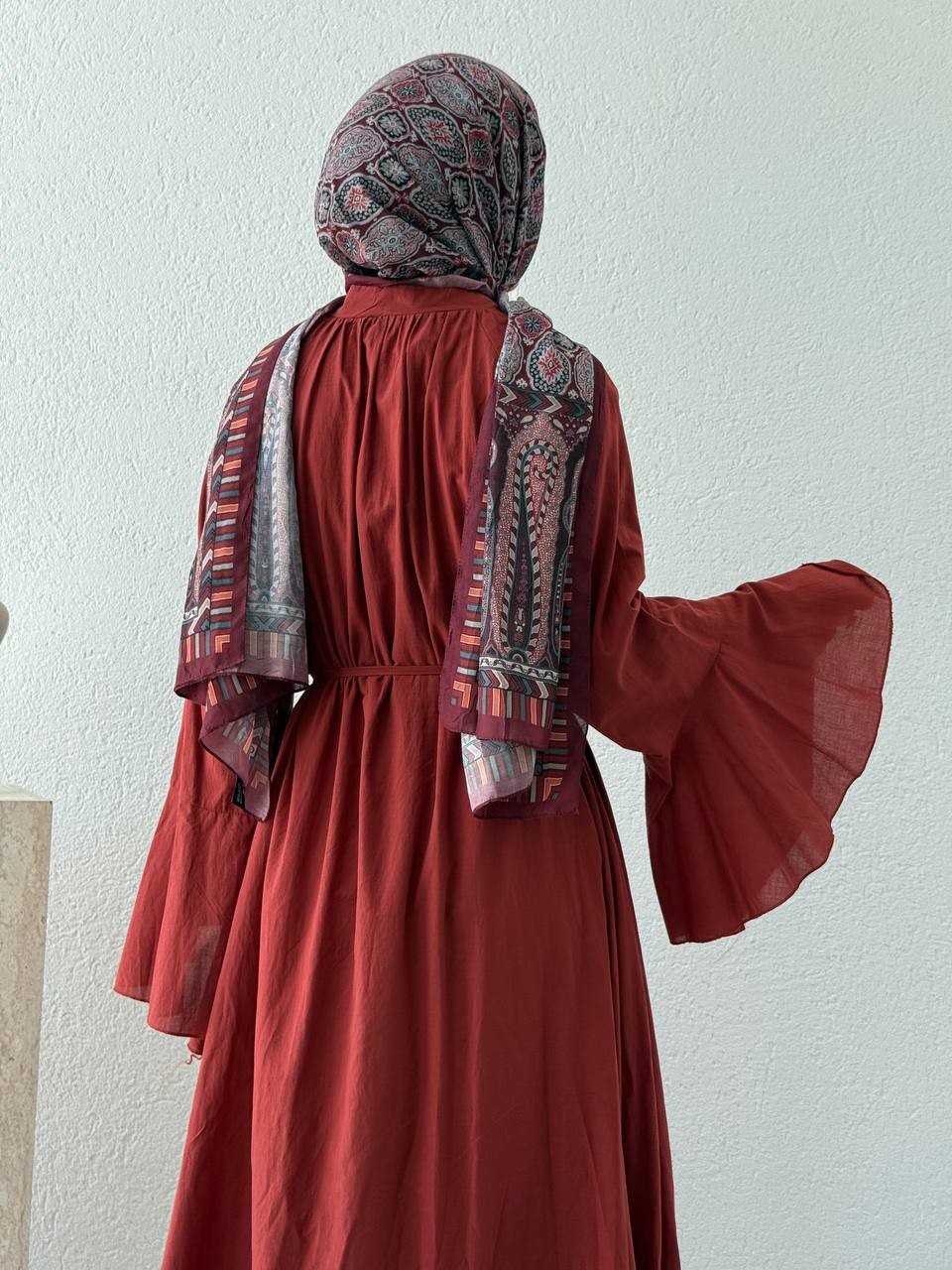 Vual Kolları Volanlı Astarlı kuşaklı Elbise  - kiremit