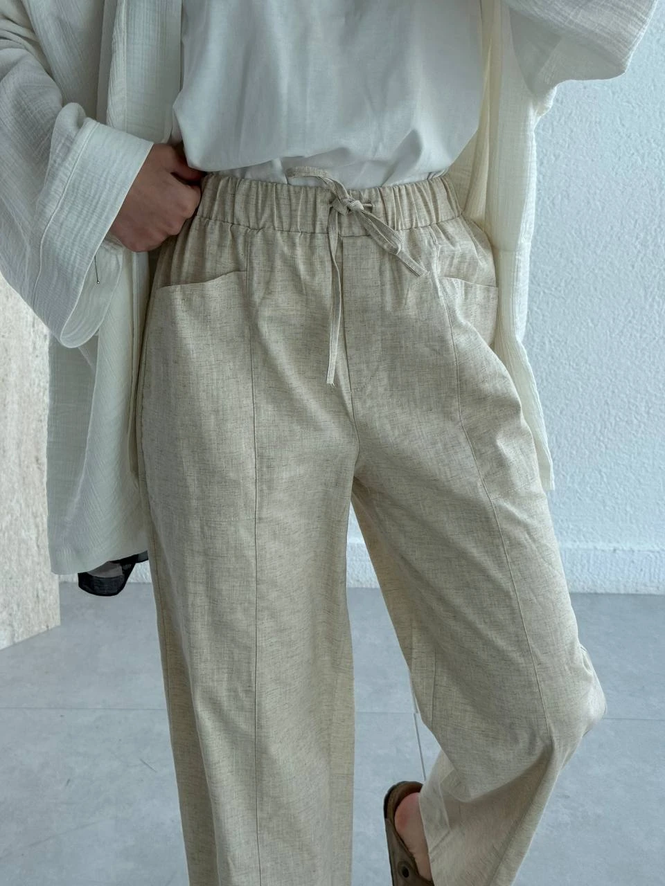 Keten Torba Cepli Keten pantolon - Taş