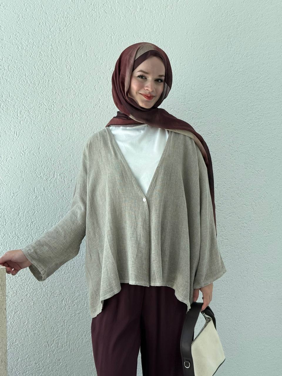 Keten Dokulu Tek Düğmeli Hırka - Kimono - Koyu vizon