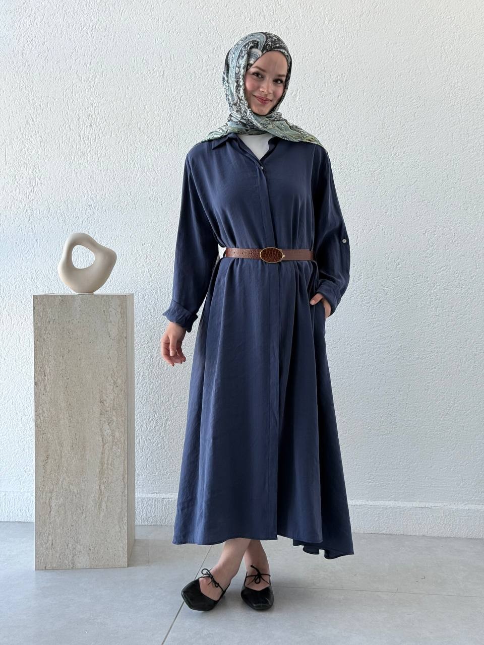Tencel Önden Düğmeli Kemerli Tunik - Elbise 3270 - Lacivert