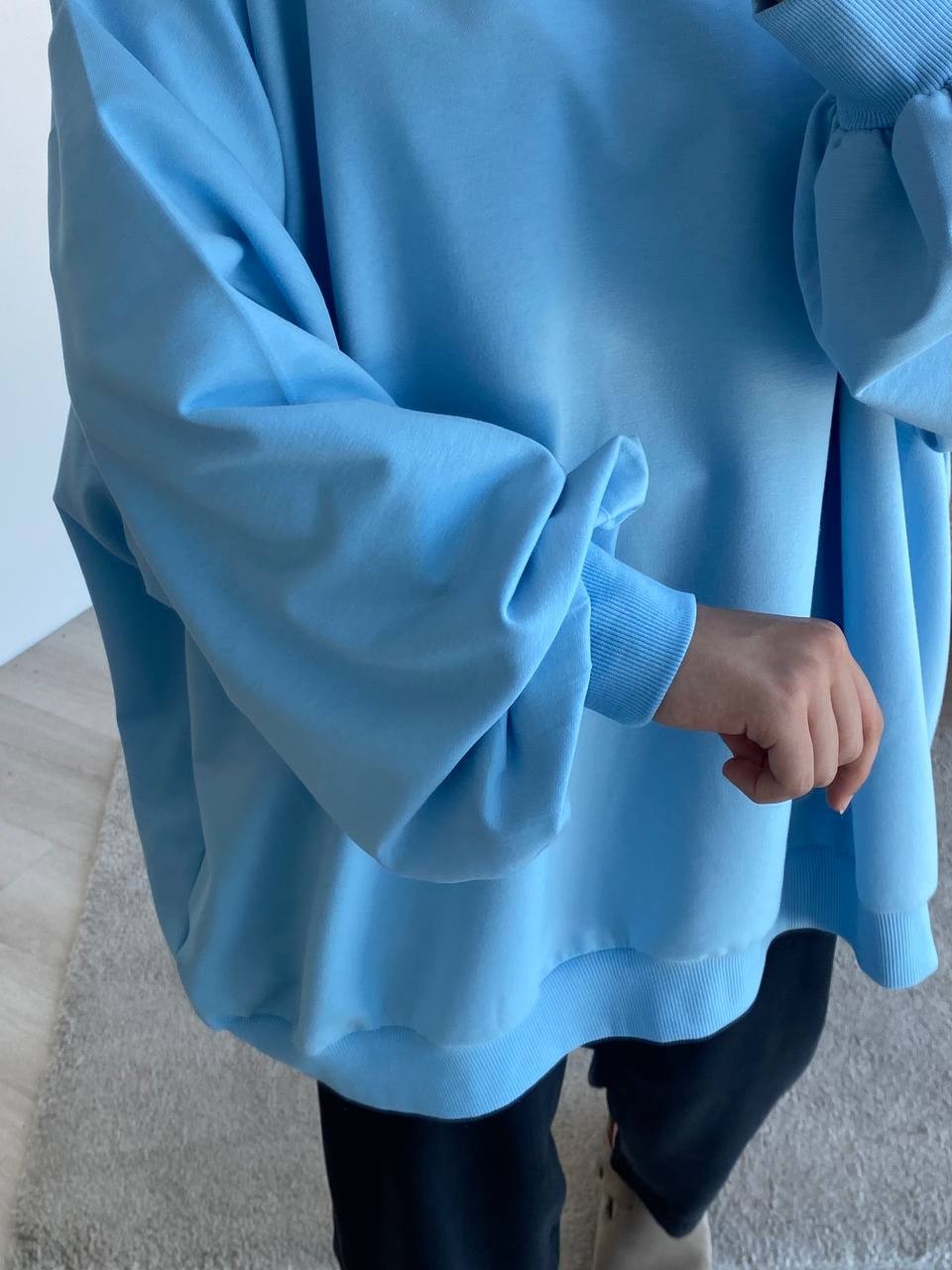 Balon Kol Oversize İki İplik Sweatshirt - Mavi